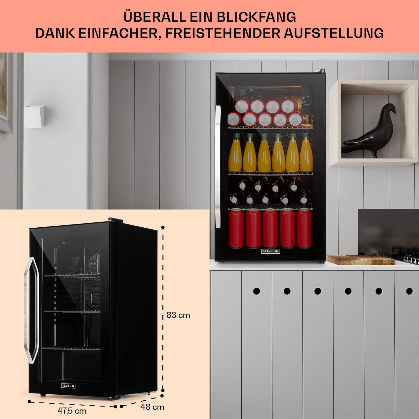 Klarstein Mini Fridge with Glass Door, Mini, for Room, Drinks Fridge Small with Adjustable Shelves, with Waveform Racks, 60 Liter Refrigerator Quiet