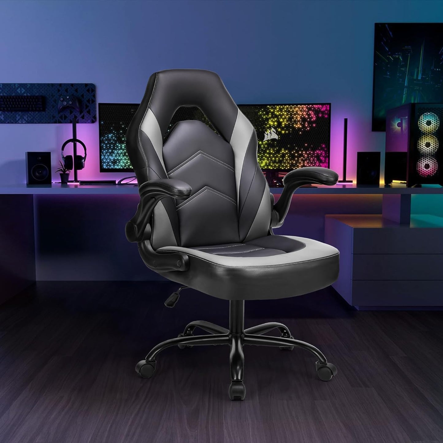 DUMOS Gaming Chair - Ergonomic Gaming Chair, Adjustable Swivel Gaming Chair Made of PU Leather with Folding Armrests, Suitable for Home, Offices etc. (Black-Gray)