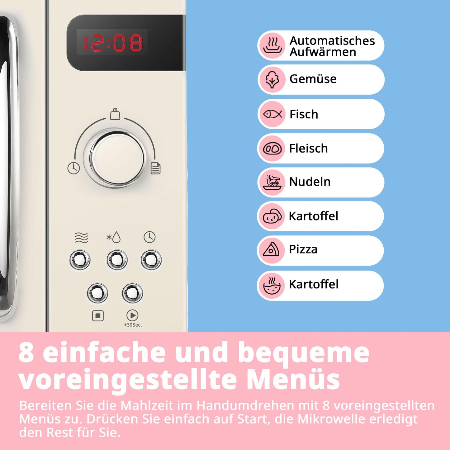 Comfee CMSN 20 wh Mikrowelle / Solo-Mikrowelle mit 5 Leistungsstufen/ Innenbeleuchtung/ easy Defrost/360°Drehteller / Zwei Drehregler/20L/700W/ Weiß, Mechanisch