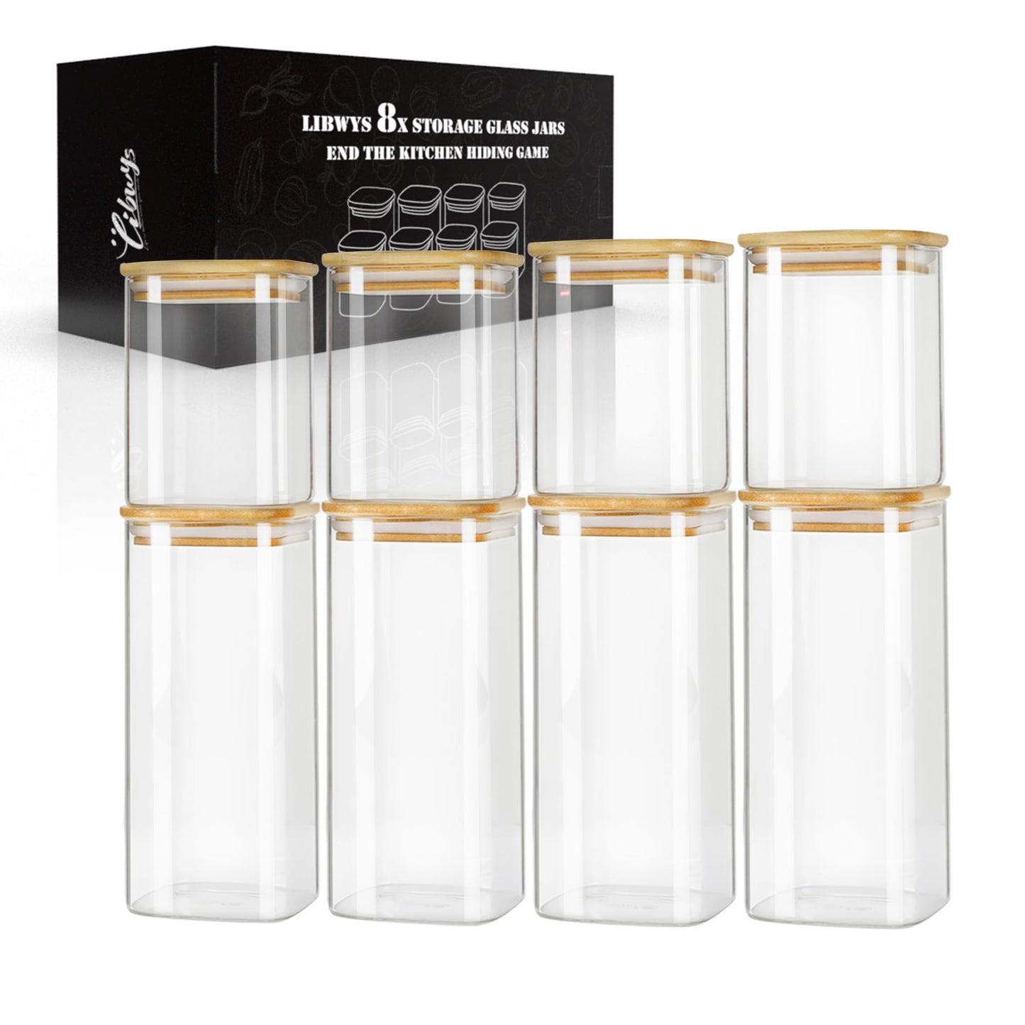 LIBWYS 12er Set Vorratsgläser mit Deckel Eckig Vorratsdose Glas - in 3 Größen: 720ml;1150 ml; 1580 ml - 12pcs Plus Edition