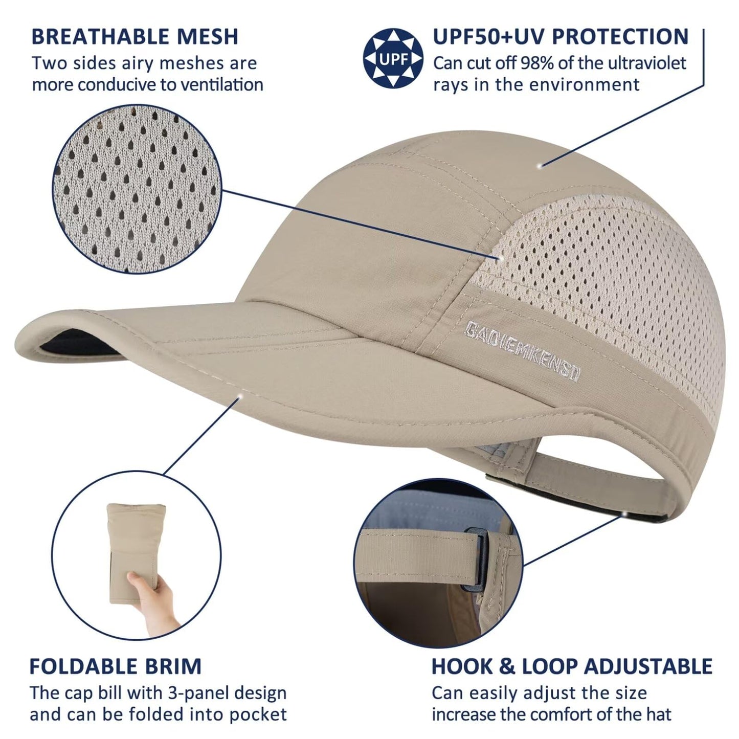GADIEMKENSD Folding Outdoor Hat UPF 50+ Sun Protection Mesh Sport Hat