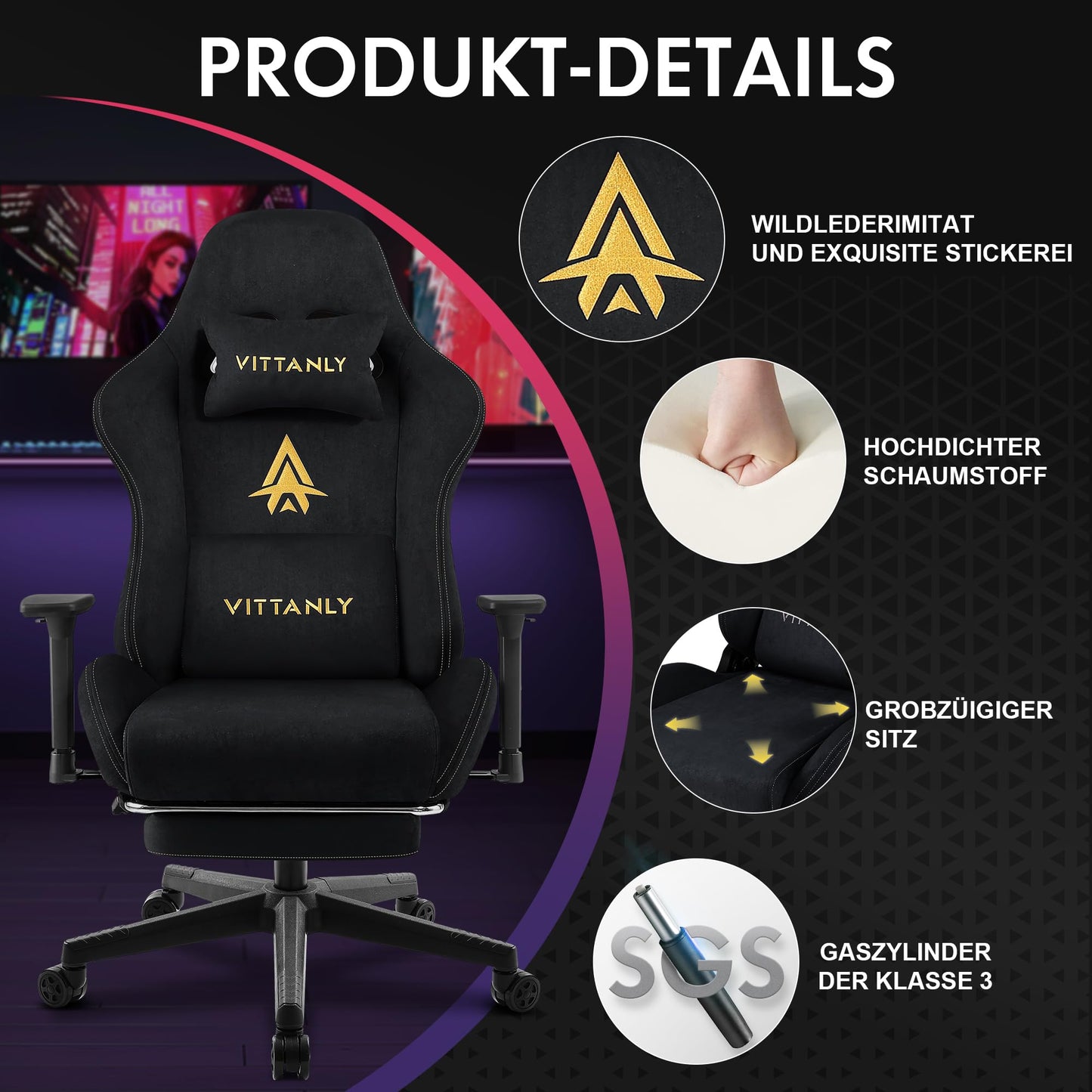 Vittanly Gaming Chair, Luxurious Breathable Imitation Suede Office Chair Gaming Chair, Ergonomic Gamer Chair with Footrest Headrest and Lumbar Cushion, 3D Armrests, 90-155° Backrest, Gray