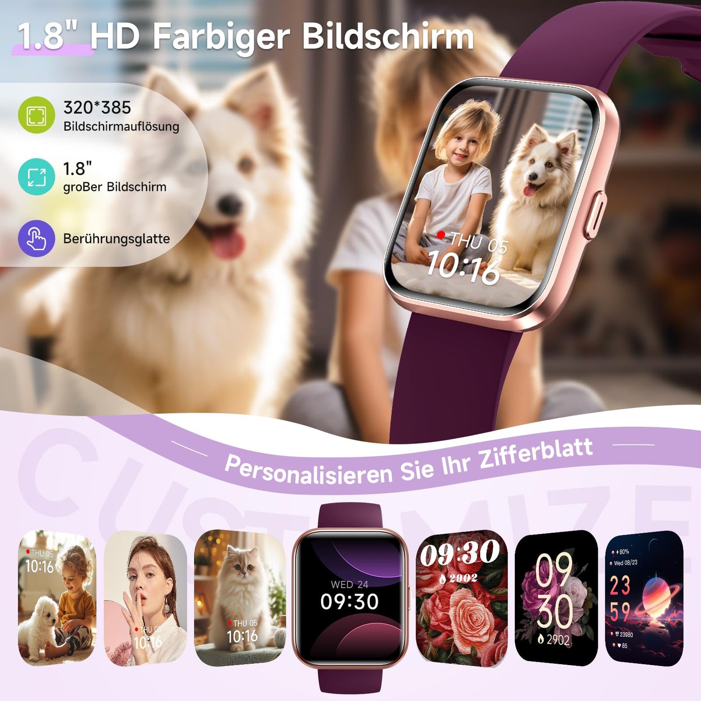 Smartwatch Damen Herren, Smart Watch mit Telefonfunktion Alexa, 1,8" Fitnessuhr Damen Sportuhr mit 100 Sportmodi & IP68, Herzfrequenz SpO2 Schlafmonitor, Armbanduhr Schrittzähler Uhr für Android iOS