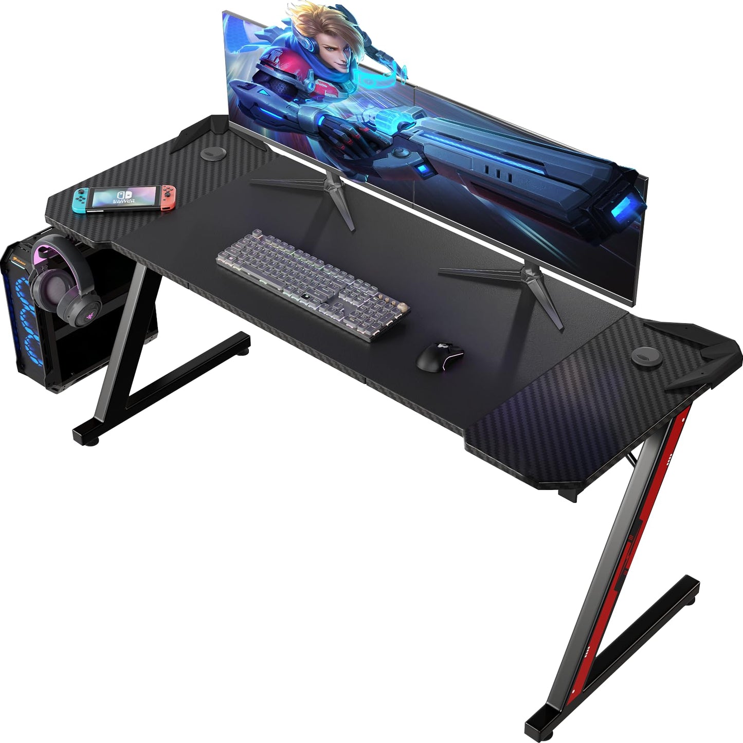 Homall Gaming Table, 80 x 52 cm, Z-Frame Gamer Desk with Headphone Hooks & Drink Holder, Carbon Coating, Ergonomic PC Computer Desk, Sturdy Table