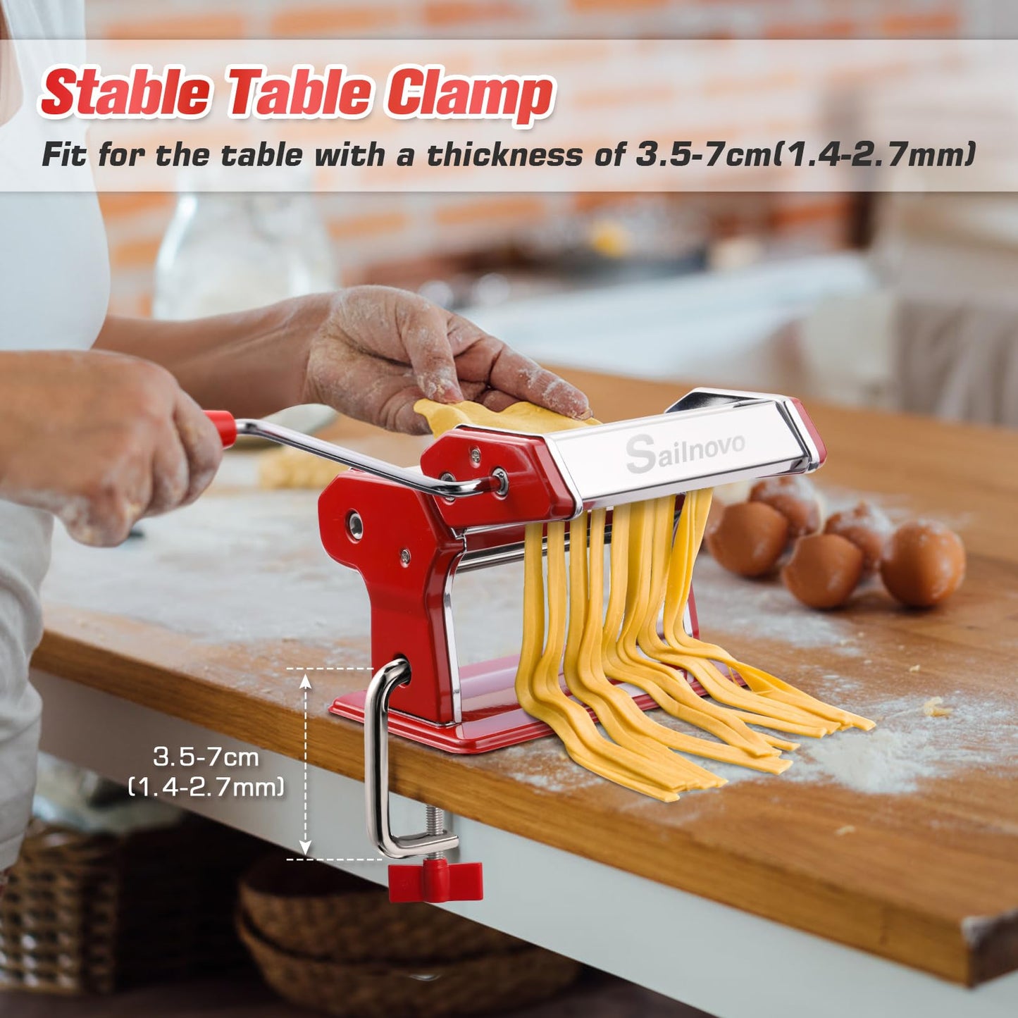 Nudelmaschine Pasta Maker Edelstahl Frische Manuell Pasta Walze Maschine Cutter mit Klemme für Spaghetti Nudeln Lasagne Bestes Pastamaschine Geschenk, Einfache Reinigung und Verwendung