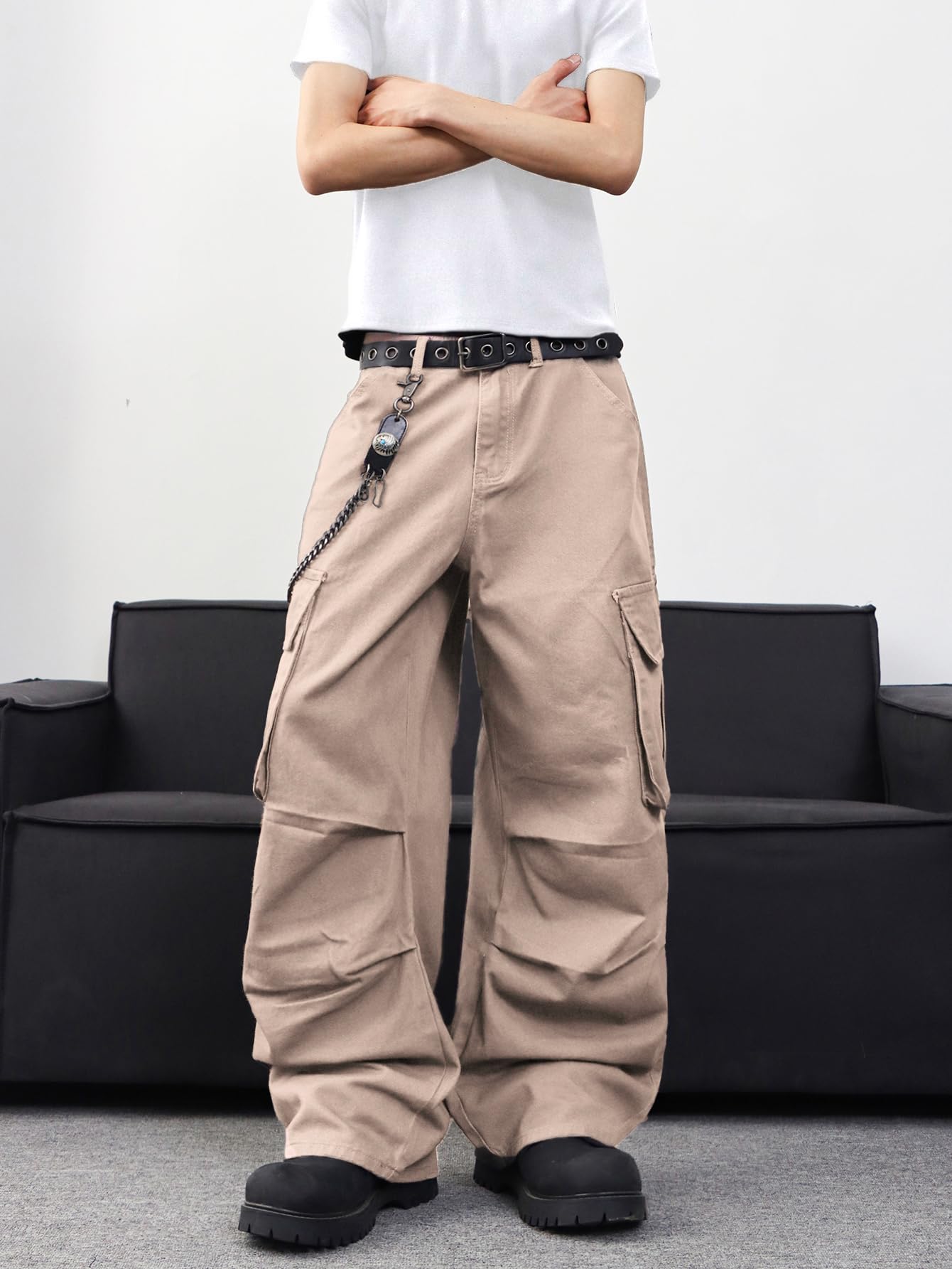 Zewool Men’s Casual Wide-Leg Denim Cargo Pants – Medium Weight Baggy Jeans