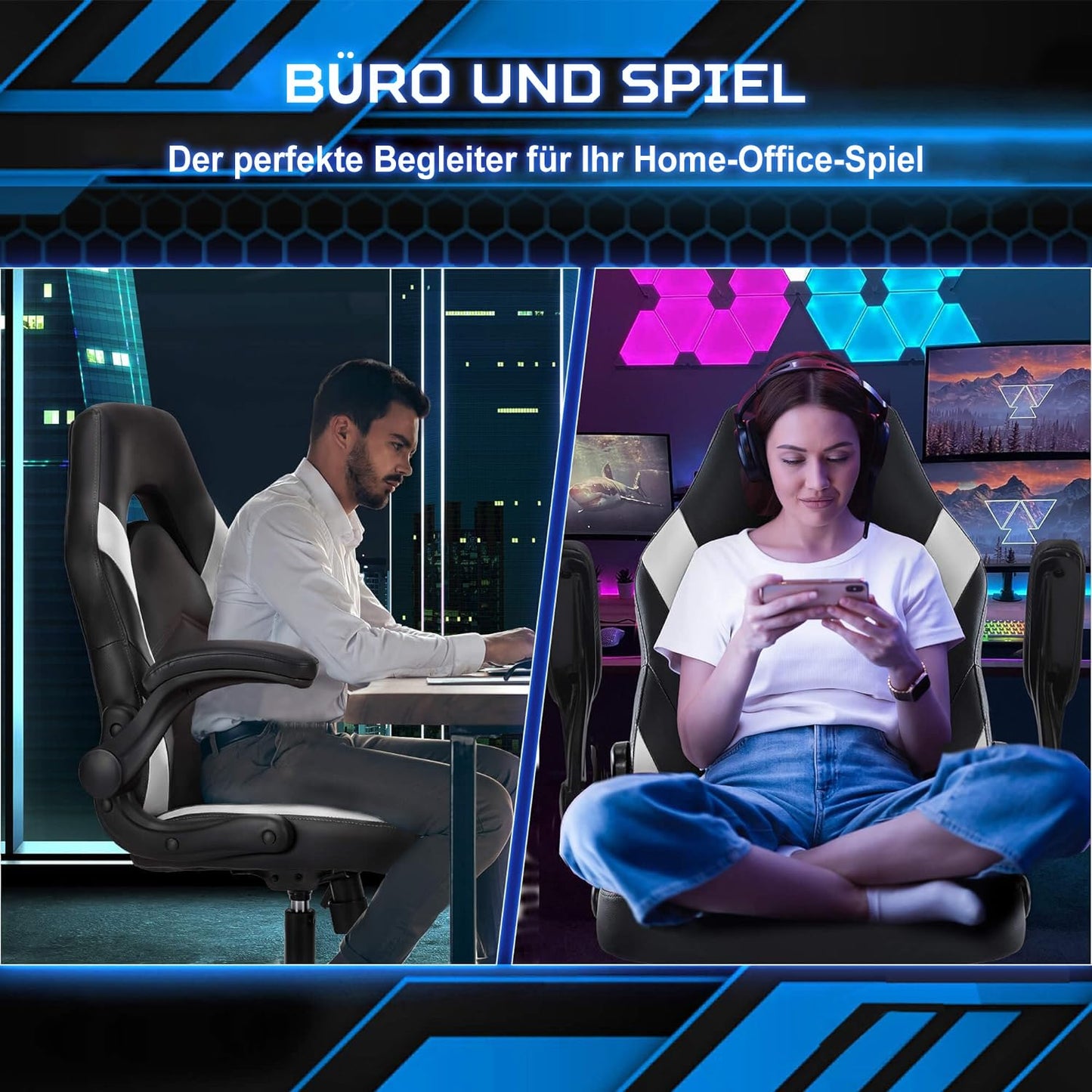 DUMOS Gaming Chair - Ergonomic Gaming Chair, Adjustable Swivel Gaming Chair Made of PU Leather with Folding Armrests, Suitable for Home, Offices etc. (Black-Gray)