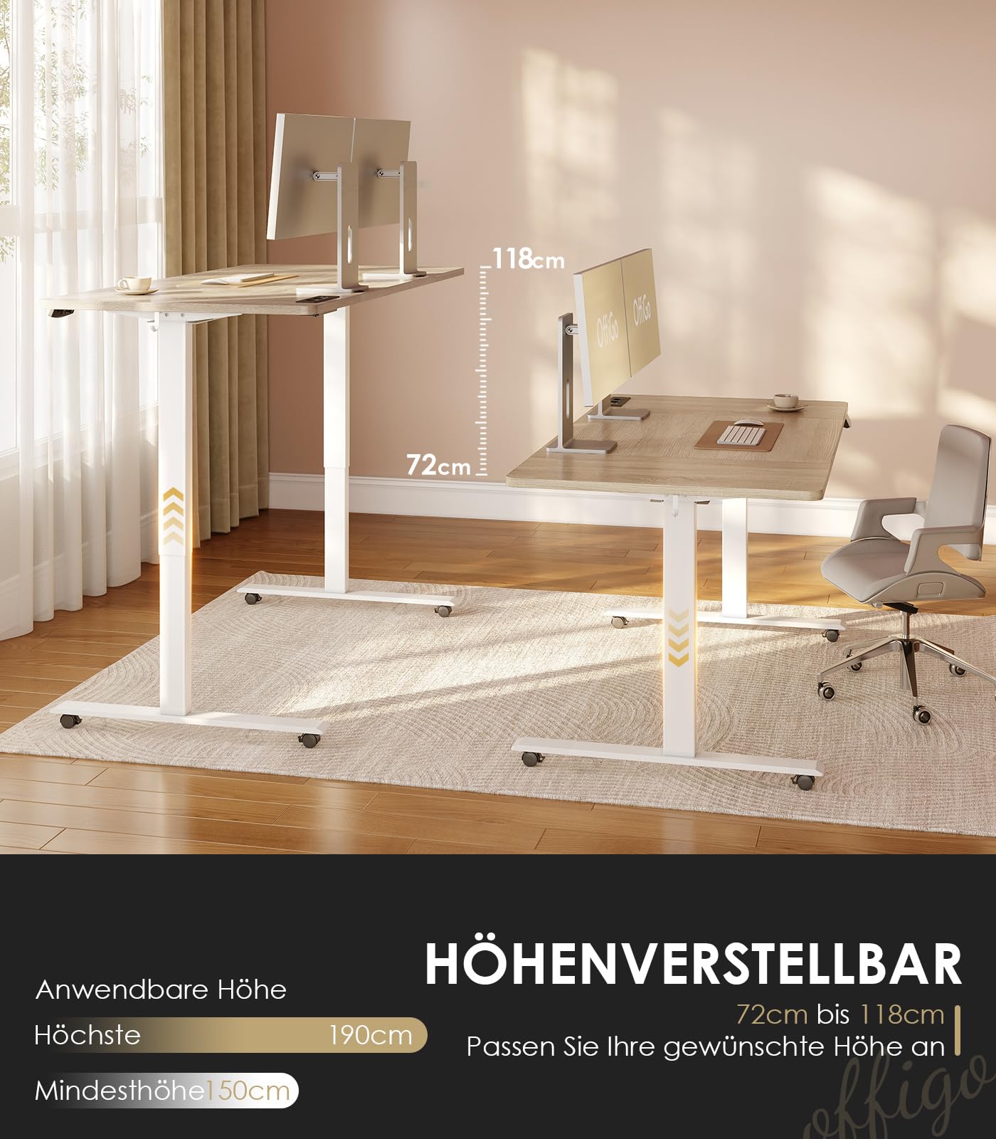 OffiGo Höhenverstellbarer Schreibtisch, 180cm, Elektrischer Schreibtisch mit USB, Schreibtisch Höhenverstellbar mit 2 Memory Funktion, Tisch Höhenverstellbar für Büro, Zuhause, Gaming, Schwarz