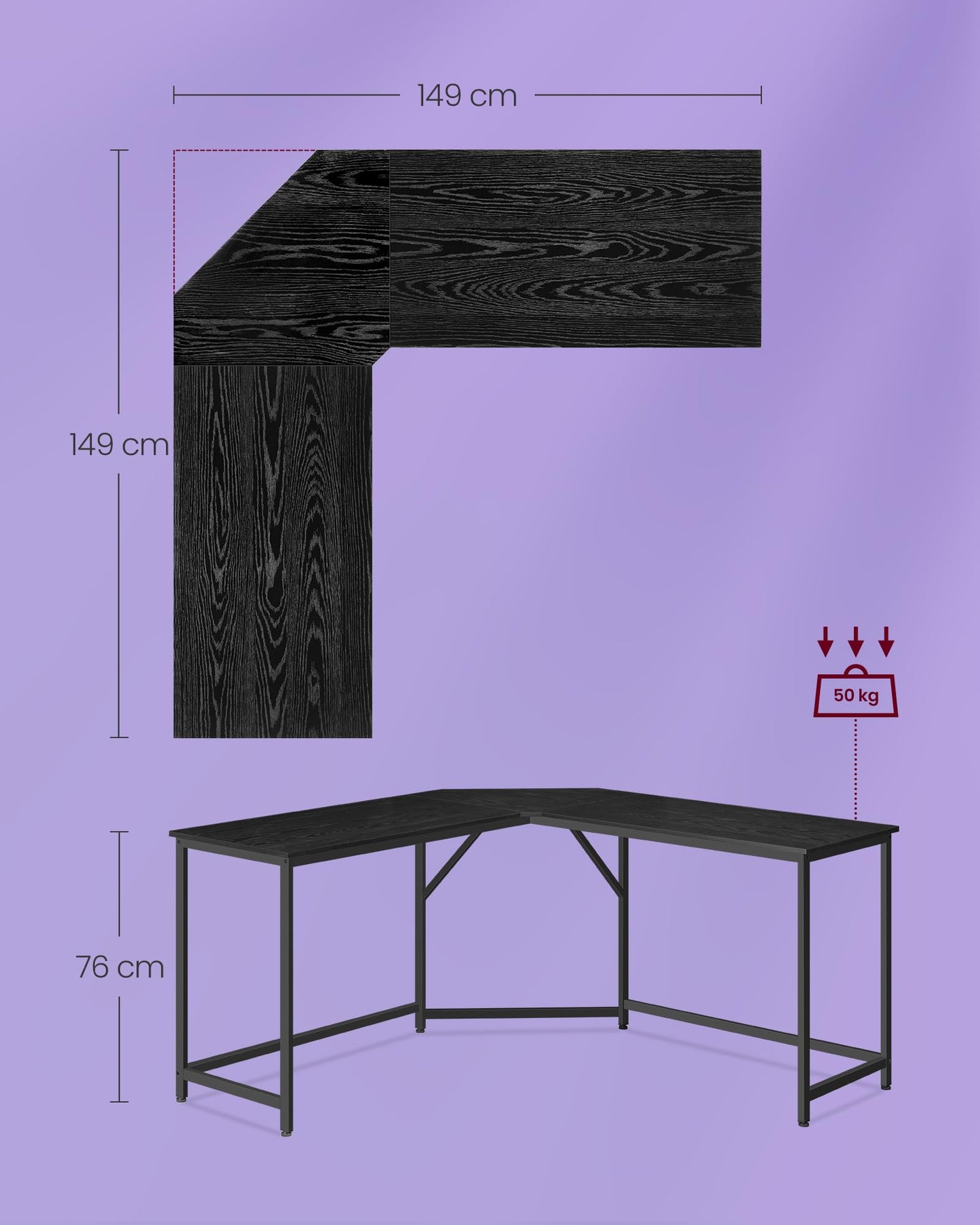 VASAGLE L-Shaped Desk Gaming Table 149 x 149 x 76 cm Corner Desk for Study Home Office Space Saving Easy Assembly Ebony Black Ink Black LWD073B56