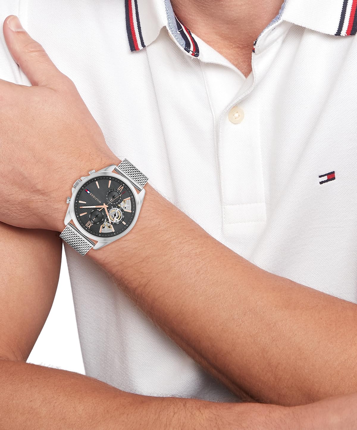 Tommy Hilfiger Multi Zifferblatt Quarz Uhr für Herren mit Silbernes Edelstahl-Mesh-Gliederarmband und Lederarmband