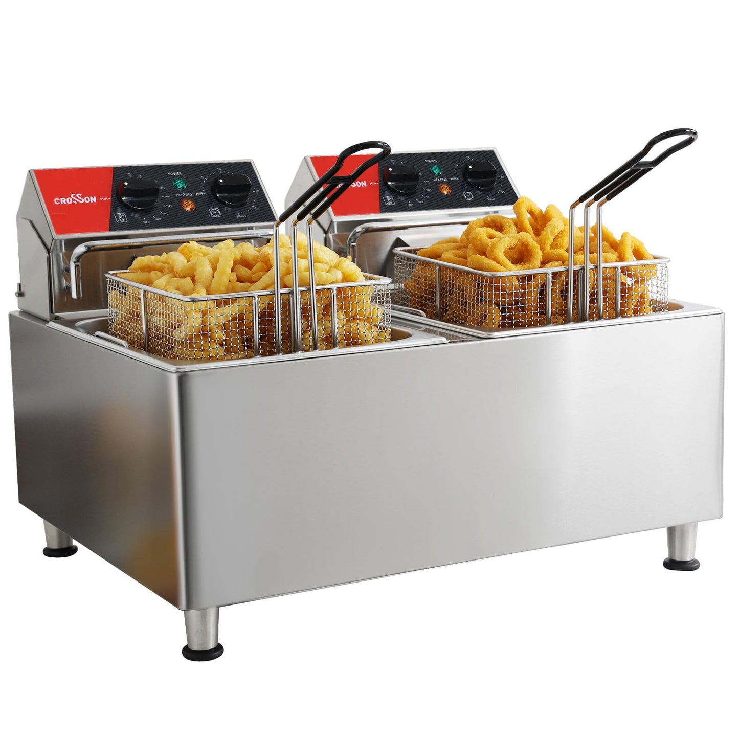 CROSSON 8L elektrische Fritteuse mit EGO-Thermostat, 30-Minuten-Timer, abnehmbarer Ölbehälter, massiver Edelstahlkorb, rotierender Fritteusekopf(8L Single Tank)