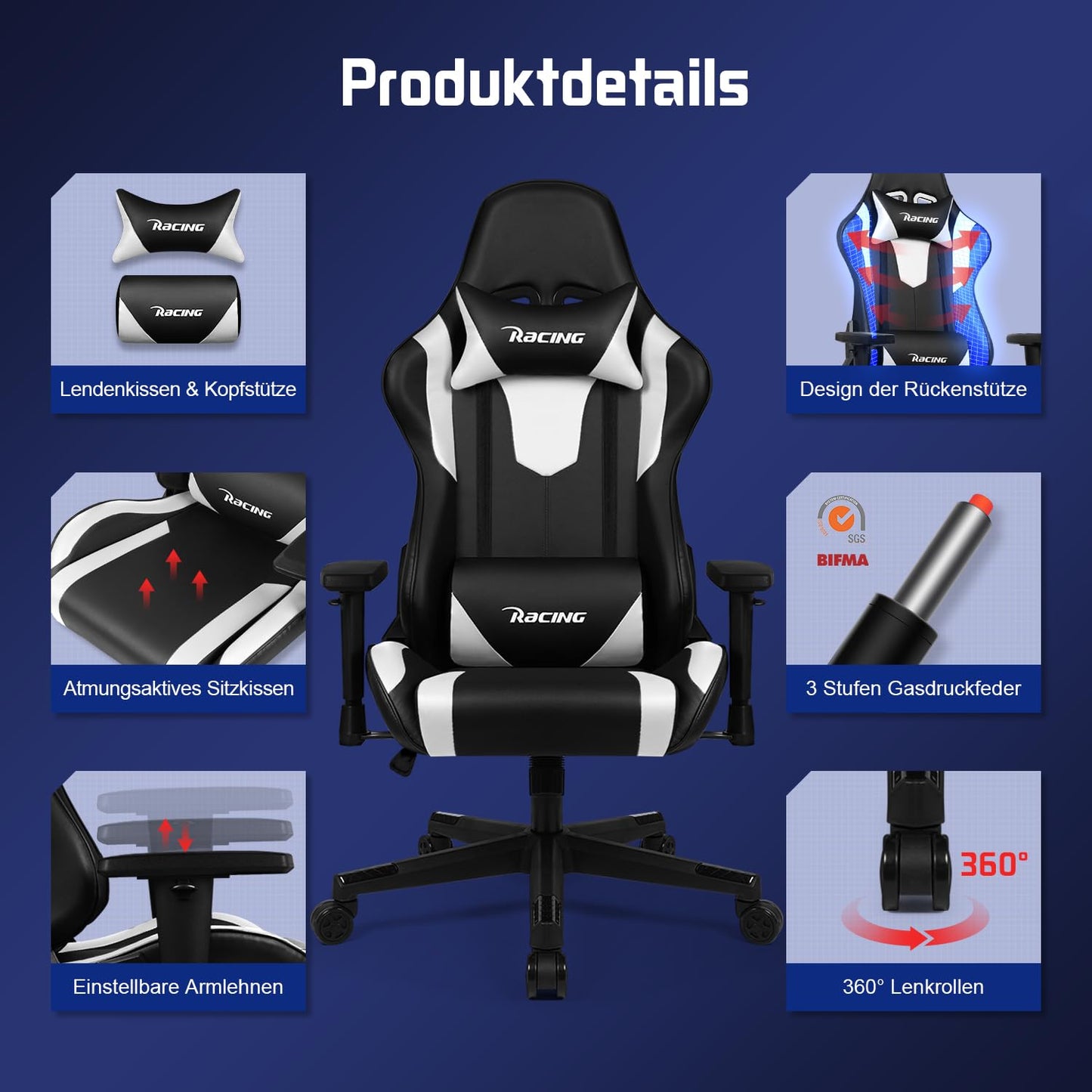 Homimaster Gaming Chair, Ergonomic Office Chair with Adjustable Lumbar Cushion, Head Cushion and Armrests, Padded Gaming Chair, Gamer Chair with Rocking Function, Gaming Chair 150 kg Load Capacity