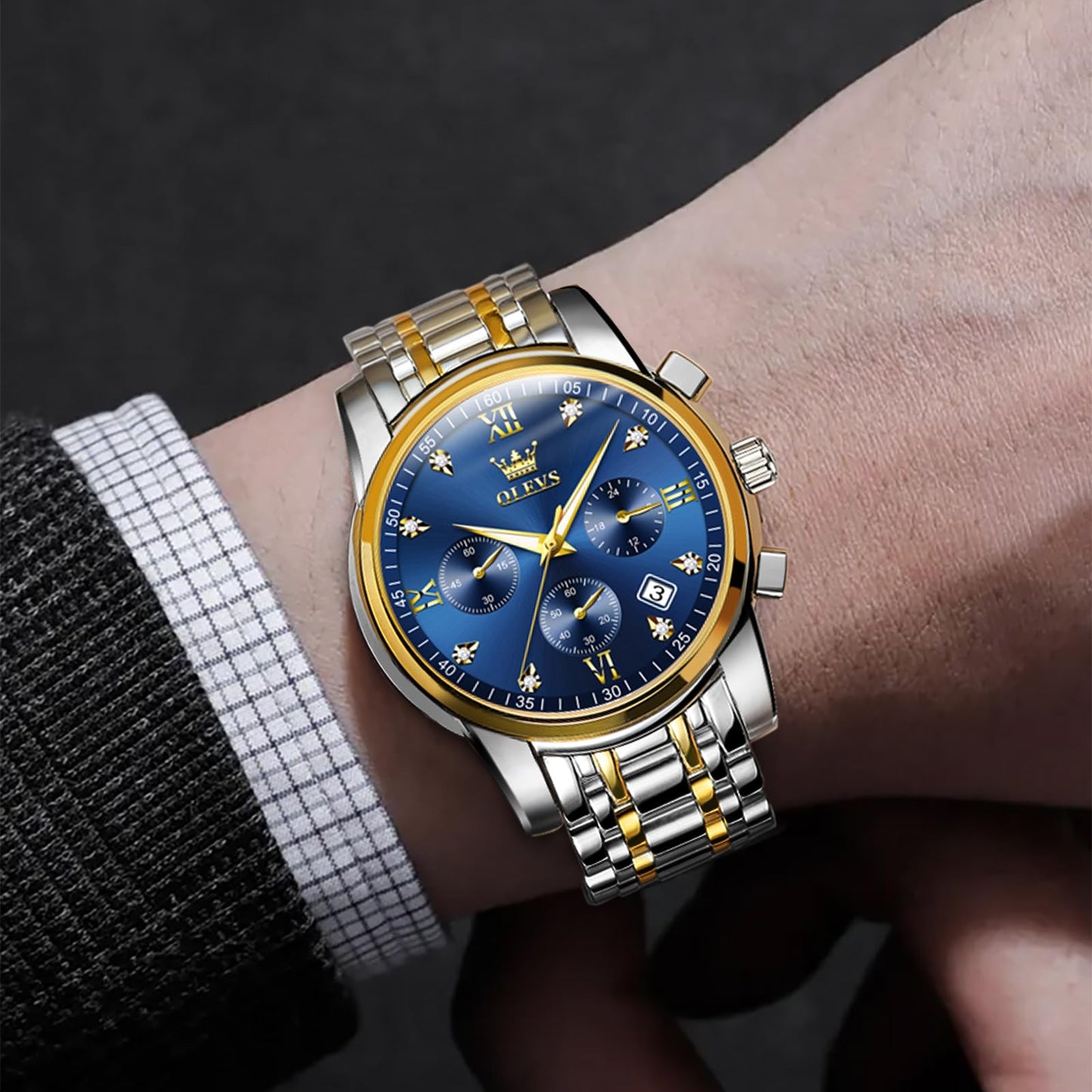 OLEVS Uhren Herren, Edelstahl Analoger Quarzuhr, Multifunktionale Diamanten Herrenuhren, Klassisches Luxuskleid Herrenuhr