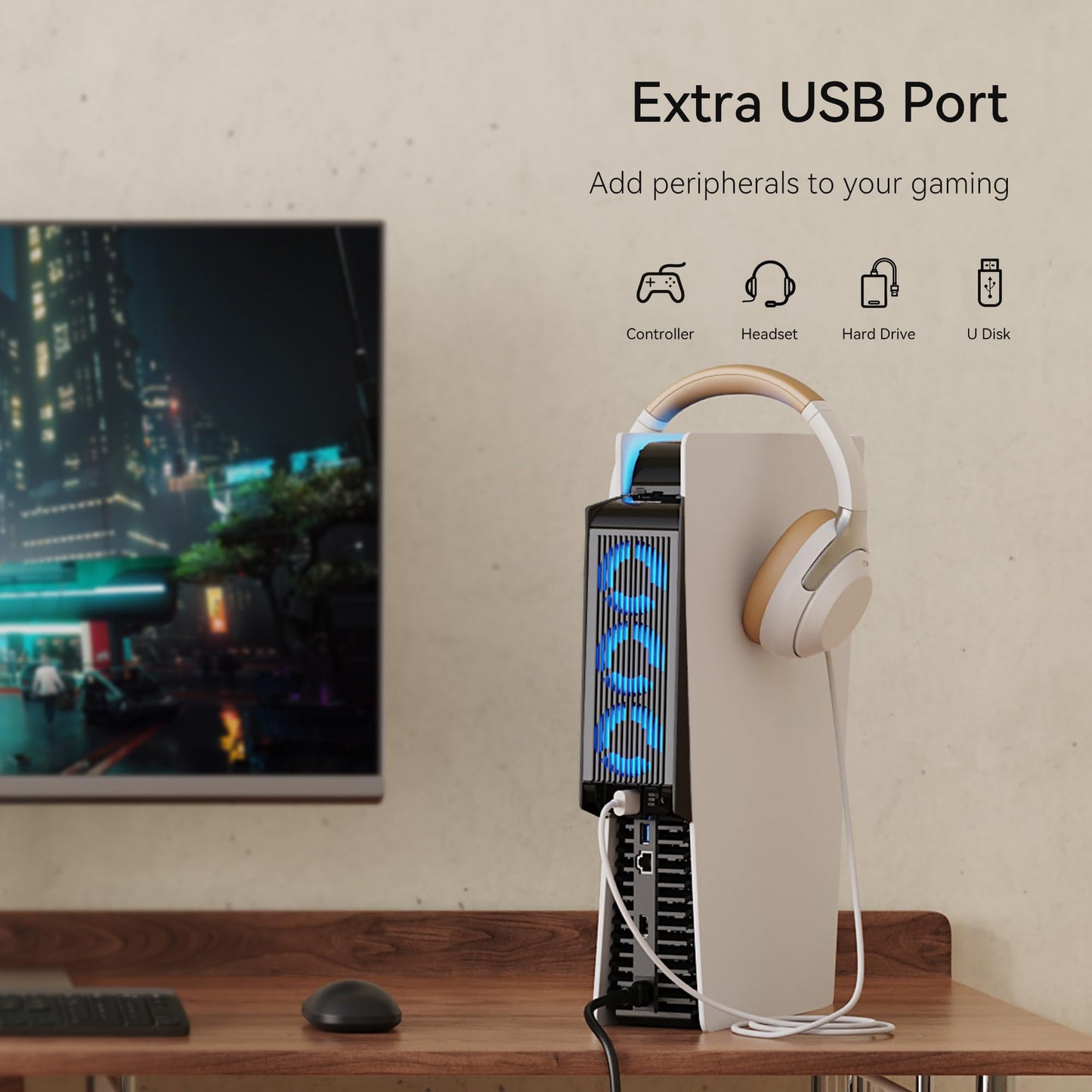 Kühlzubehör für ALTE PS5-Version, KIWIHOME PS5-Lüfter mit LED, automatischer Geschwindigkeitsregelung und USB3.0-Hubs, für PS5 Disc und Digital Edition, nicht für PS5 Slim/PS5 Pro (Weiß)