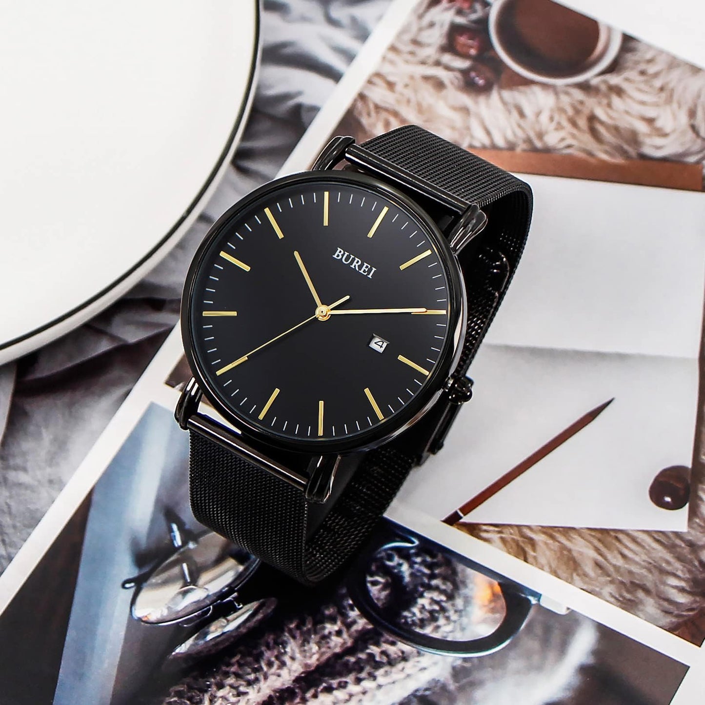 BUREI Ultra Dünne Uhren Herren Schwarze Analoges Datum Armbanduhr Herren mit Japanisches Quarzwerk, Geschenke für Männer