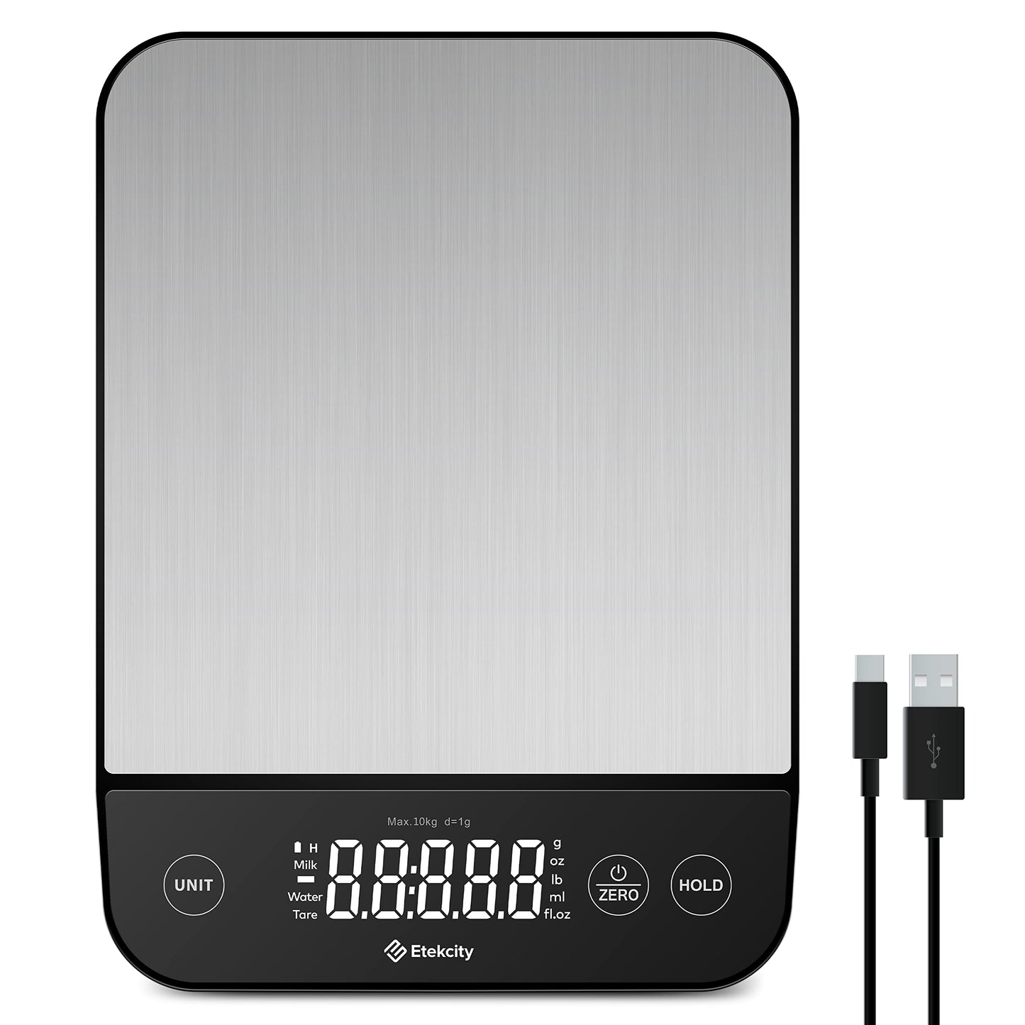 ETEKCITY Küchenwaage, digital 5KG mit großem LCD-Display,Digitalwaage, Briefwaage mit Großer Edelstahl Wiegefläche, Flüssigkeitsmessung, hohe Präzision auf bis zu 1g, Tara-Funktion, Silber