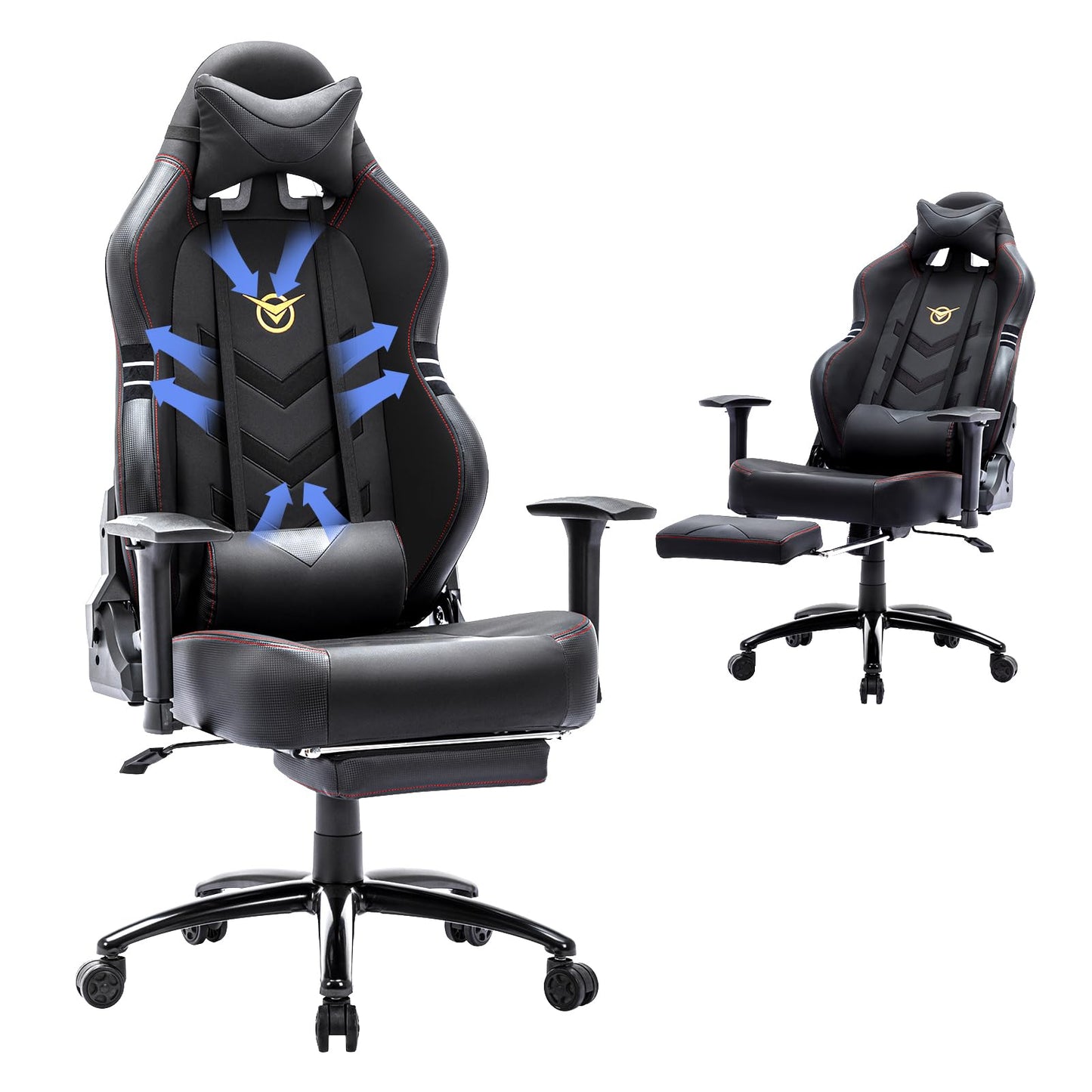 COLAMY Gaming Stuhl mit Fußstütze 160 KG Belastbarkeit-Computer Gamer PC Stuhl, Ergonomisch Hohe Rückenlehne, Verstellbare Rückenlehne, 3D Armlehnen, Kopfstütze und Lordosenstütze, Schwarz