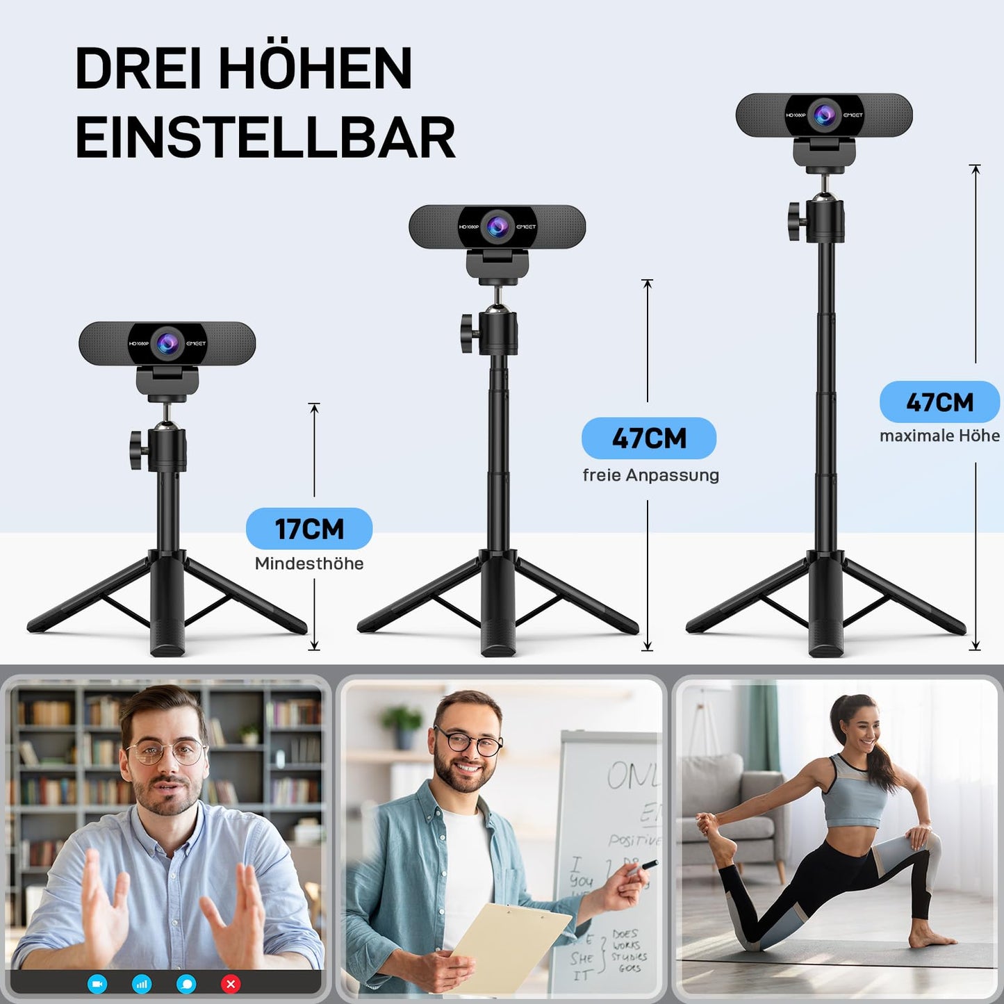 EMEET Full HD Webcam - C960 1080P Webcam mit Objektivabdeckung & Dual Mikrofon, 90 ° Streaming Kamera mit Automatische Lichtkorrektur, Plug & Play, für Linux, Win10, Mac OS
