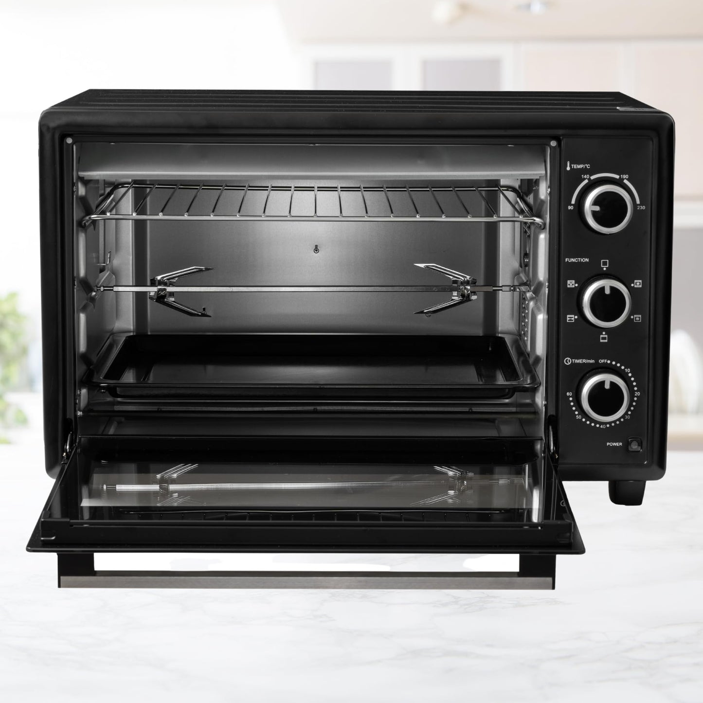 ICQN Kompakter Minibackofen 15 Liter, 1200W, 60 min-Timer, 3 Kochfuntionen, 90°-230°C, Kleiner Camping Ofen, Anthrazit, 2-Jahre Garantie