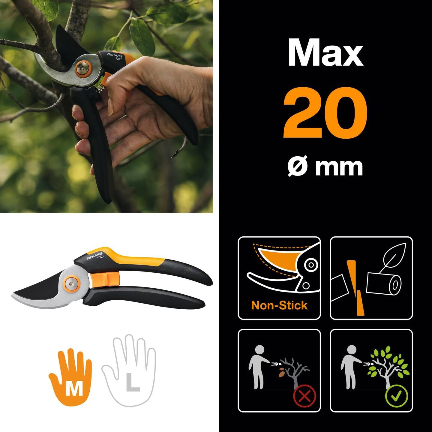 Fiskars Bypass-Gartenschere für frische Äste und Zweige, Antihaftbeschichtet, Hochwertige Stahl-Klingen, Länge: 20 cm, Schwarz/Orange, SingleStep