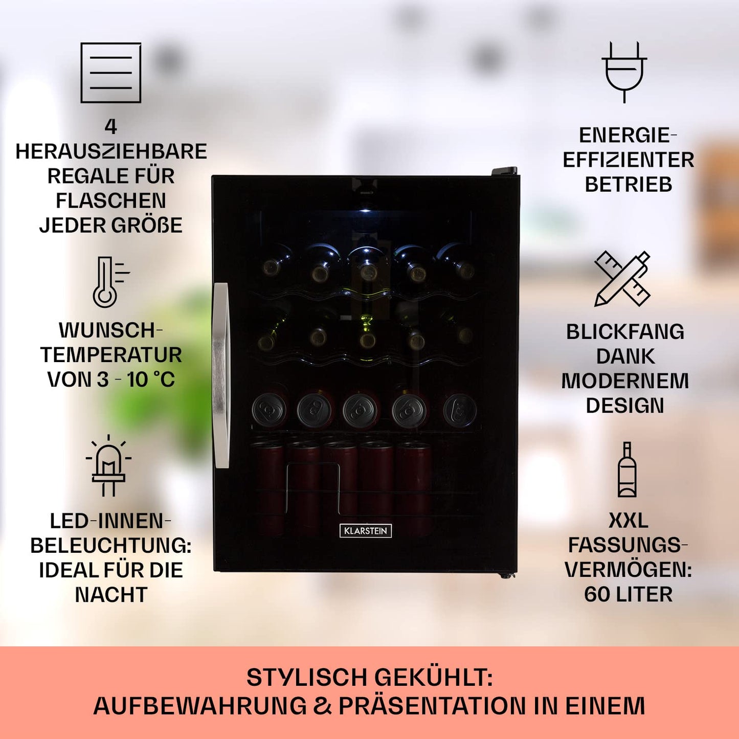Klarstein Mini Fridge with Glass Door, Mini, for Room, Drinks Fridge Small with Adjustable Shelves, with Waveform Racks, 60 Liter Refrigerator Quiet