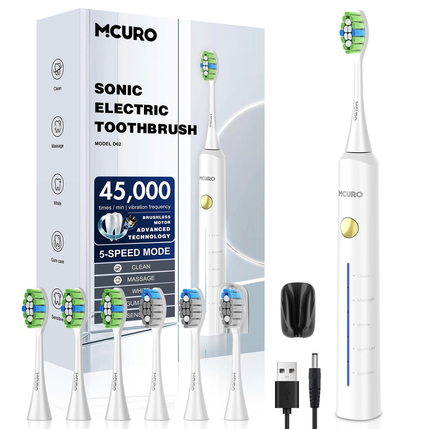 Elektrische Zahnbürste, Schallzahnbürste, Zahnbürste Elektrisch 45000VPM, Aufhellung Der Zähne In 1 Woche, 120 Tage Akkulaufzeit, Batteriestandsanzeige, 6 DuPont-Bürstenköpfe, 5 Modi, Timer, Schwarz
