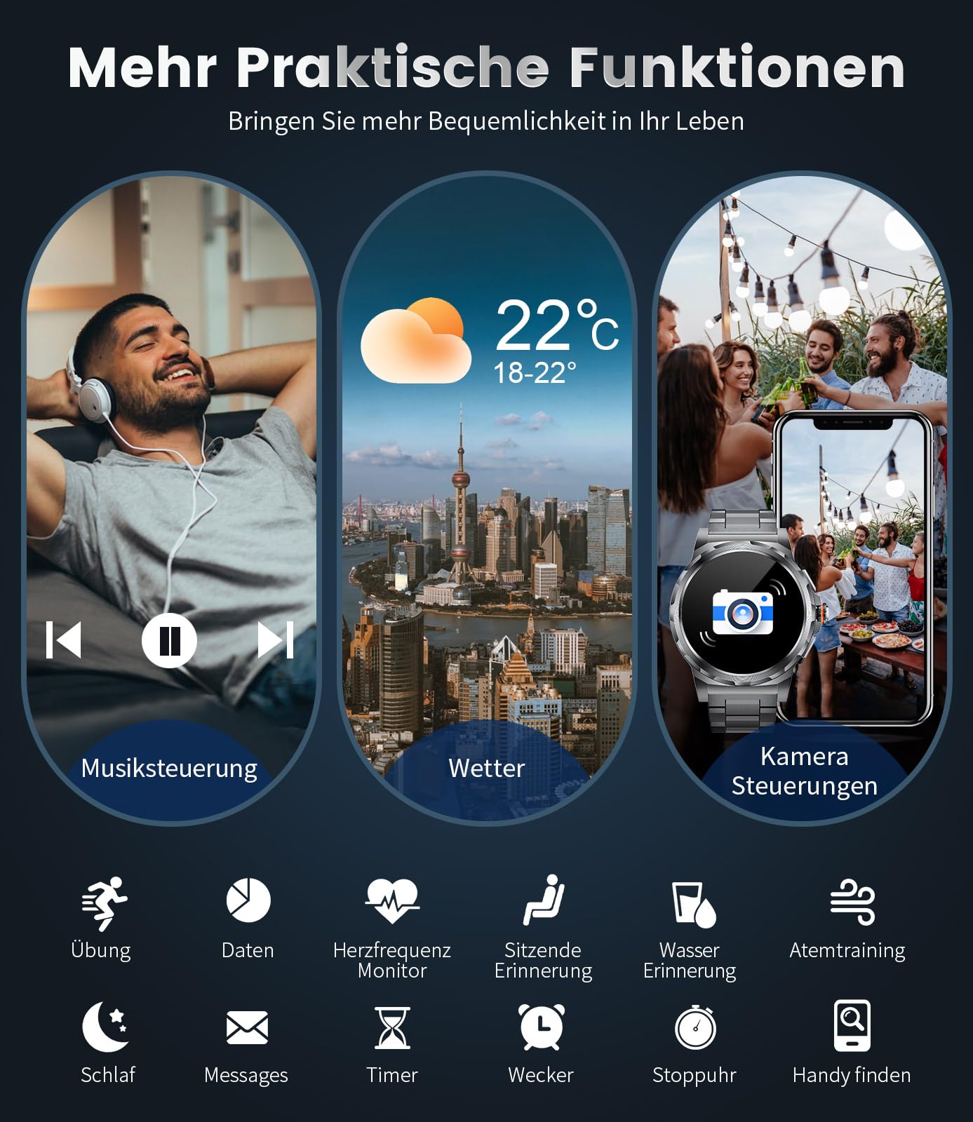 LIGE Militär Smartwatch Herren mit Telefonfunktion, 3 Armbänders, 1,43''AMOLED-Smartwatch mit Herzfrequenz, SpO2, Schlafmonitor, 5ATM Wasserdicht/120+ Sportmodi Outdoor Sportuhr für Android iOS