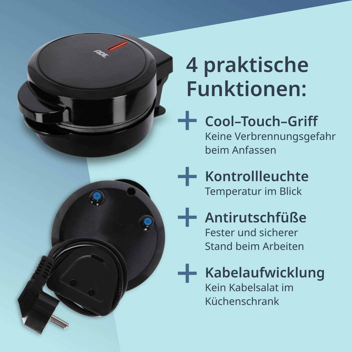 ADE Mini Waffeleisen Herzform | belgische Waffel | perfekt für eine Person, Party, Kindergeburtstag | hochwertige Antihaftbeschichtung | 550 W | schwarz