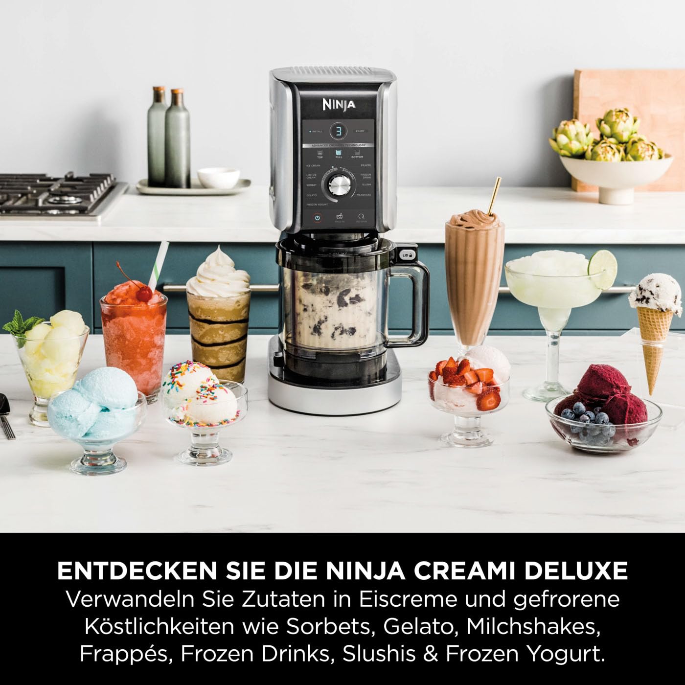 Ninja CREAMi Eismaschine & Dessertmaschine mit 3 Behältern, 7 Programmen, Herstellung von Eis, Gelato, Sorbet, Smoothie-Bowls, Milchshakes und mehr, Schwarz/Silber, 1,4L Eiscreme Kapazität, NC300EU