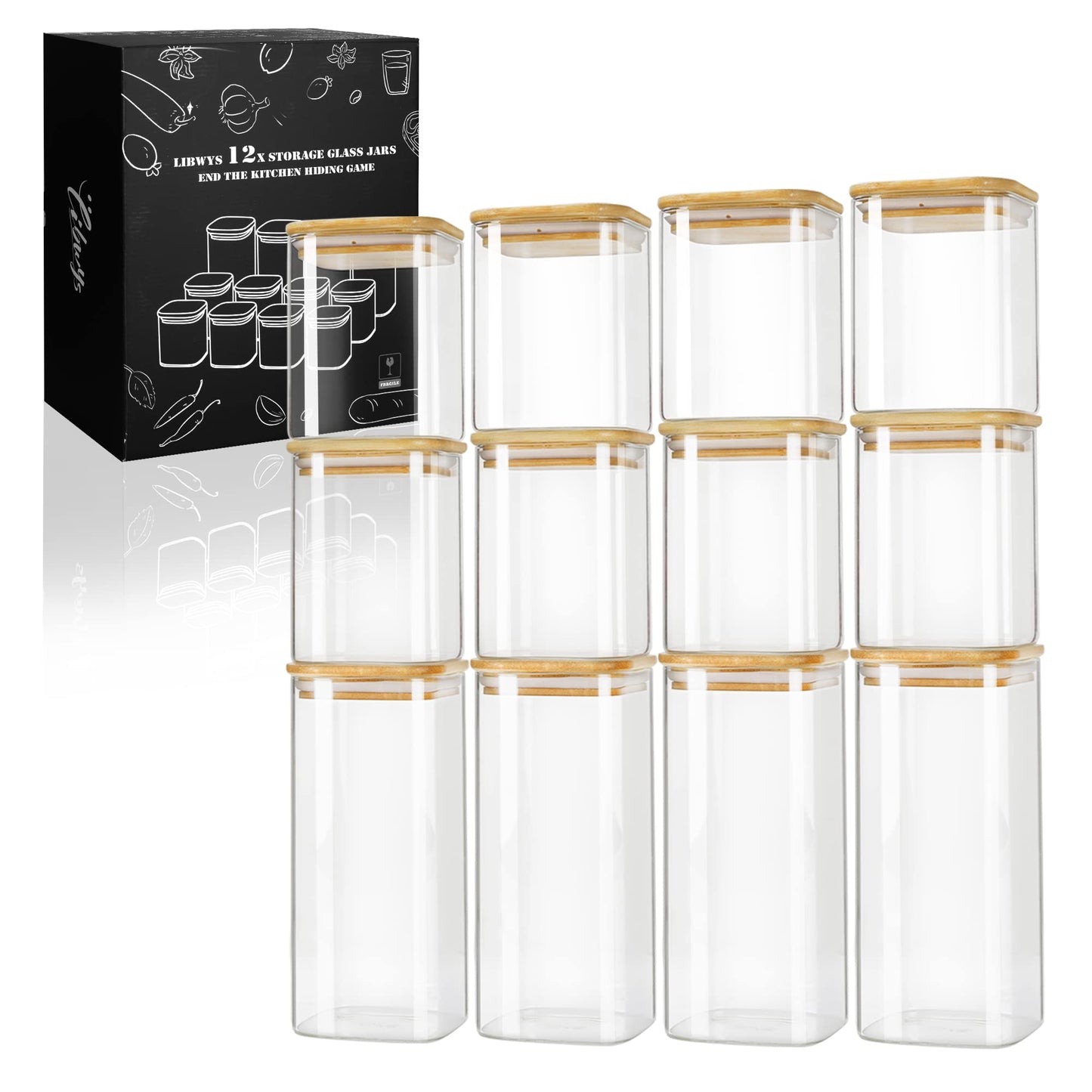 LIBWYS 12er Set Vorratsgläser mit Deckel Eckig Vorratsdose Glas - in 3 Größen: 720ml;1150 ml; 1580 ml - 12pcs Plus Edition