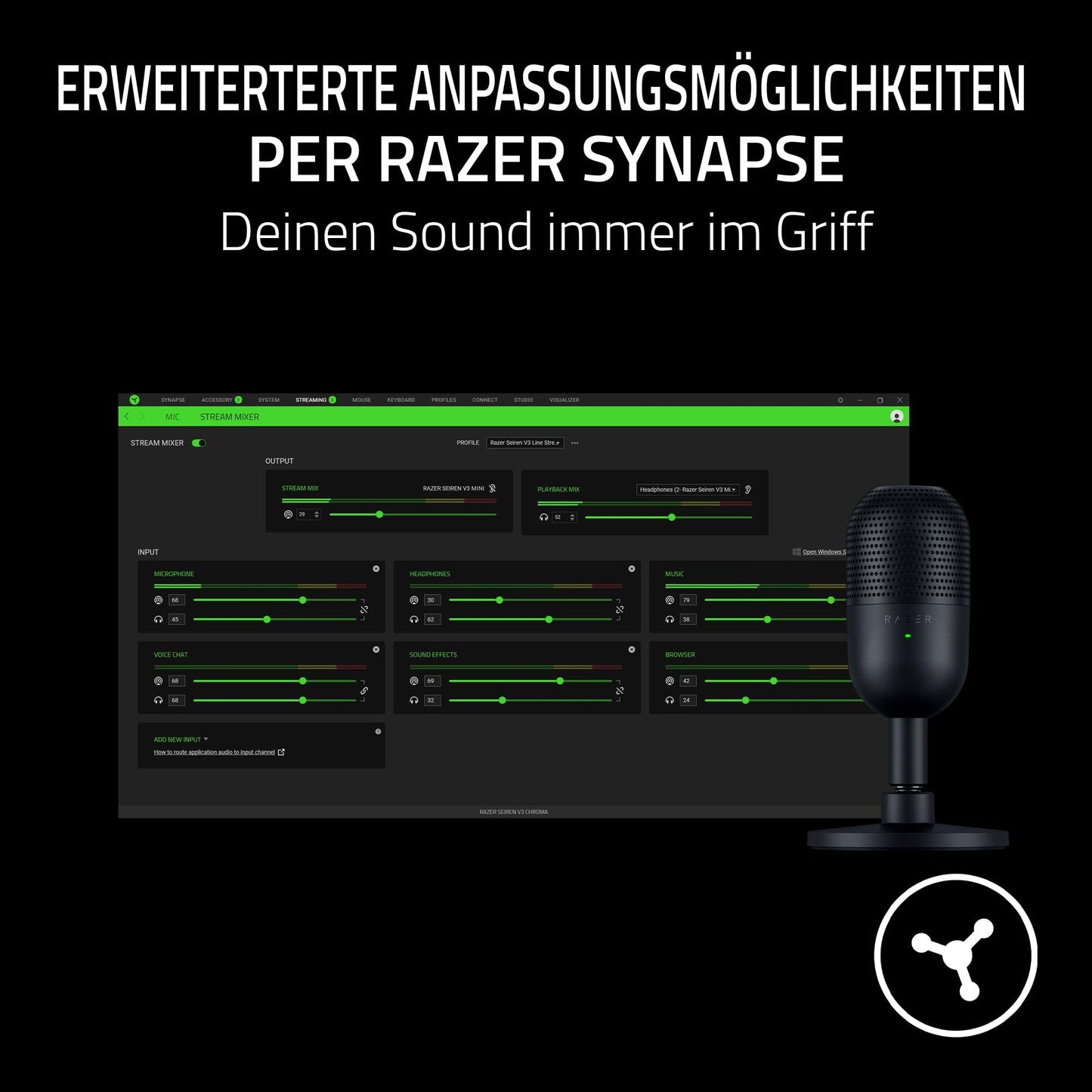 Razer Seiren V3 Mini - Ultrakompaktes USB-Mikrofon (14mm Supernieren Kondensatormikrofon, Tap-to-Mute-Sensor mit LED-Anzeige, integrierter Stoßdämpfer, Plug-and-Play Design) Schwarz