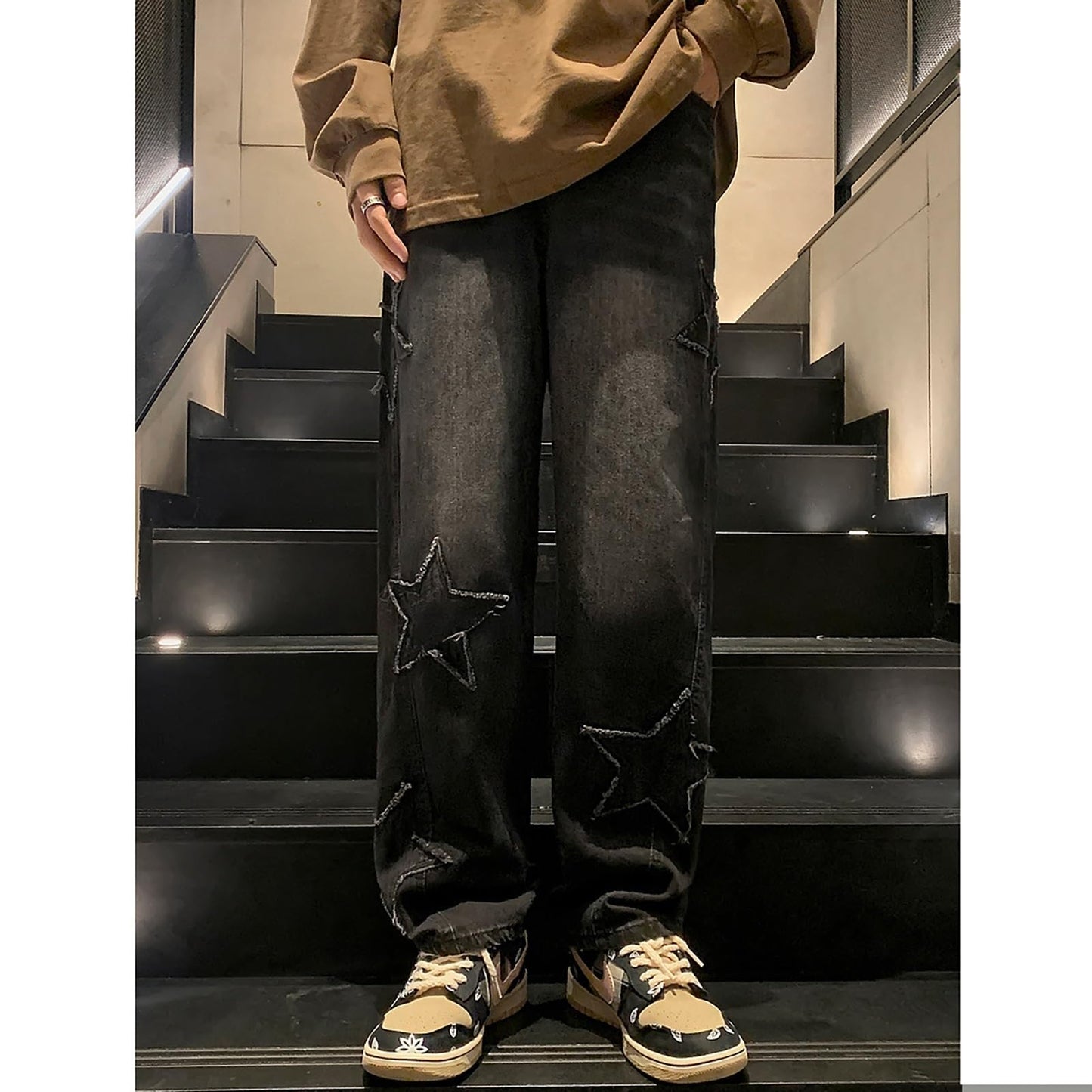 Y2K Vintage Effect Baggy Jeans for Men with Cross Print