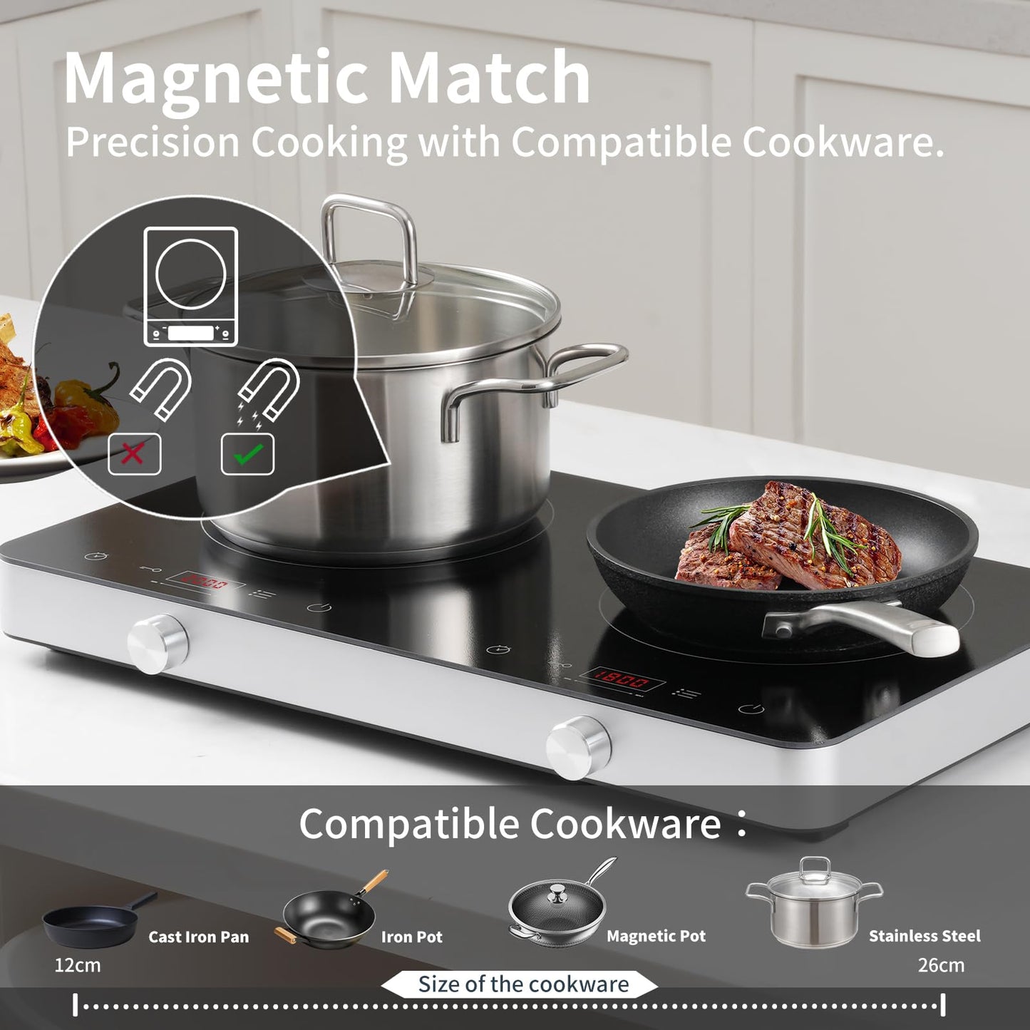 COOKTRON Induktionskochfeld 2 Platten Mobil, 3500W Doppel-Induktionskochplatte mit 6 Leistungsstufen, 10 Temperaturstufen, 3-Stunden-Timer, Touch-Steuerung, Ideal für Camping und Küche, Schwarz