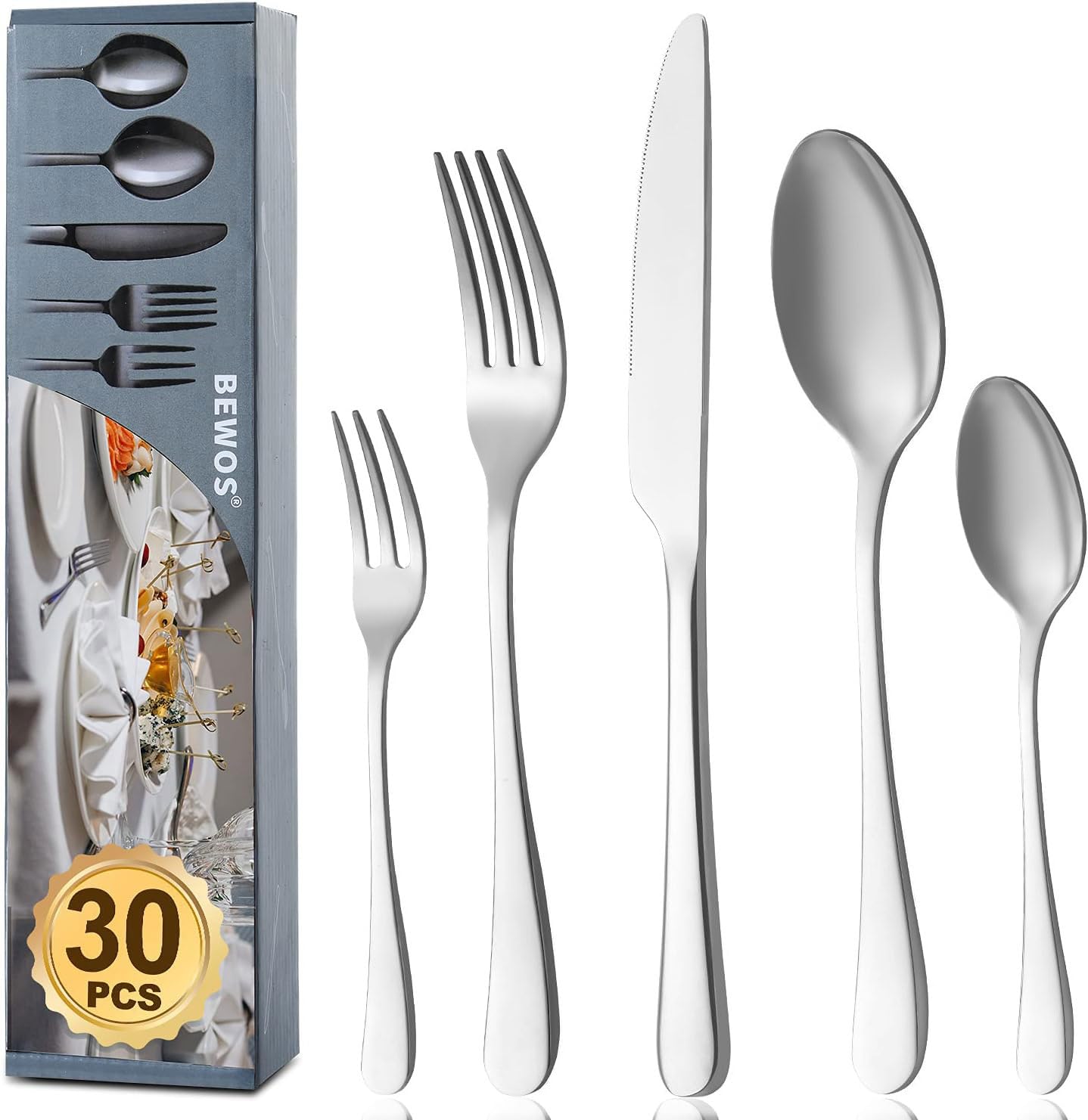 BEWOS Besteck Set für 6 Personen, 30 teilig Essbesteck Set inkl. Messer, Gabel, Löffel, Besteck Edelstahl Spiegelpoliert, Spülmaschinenfest