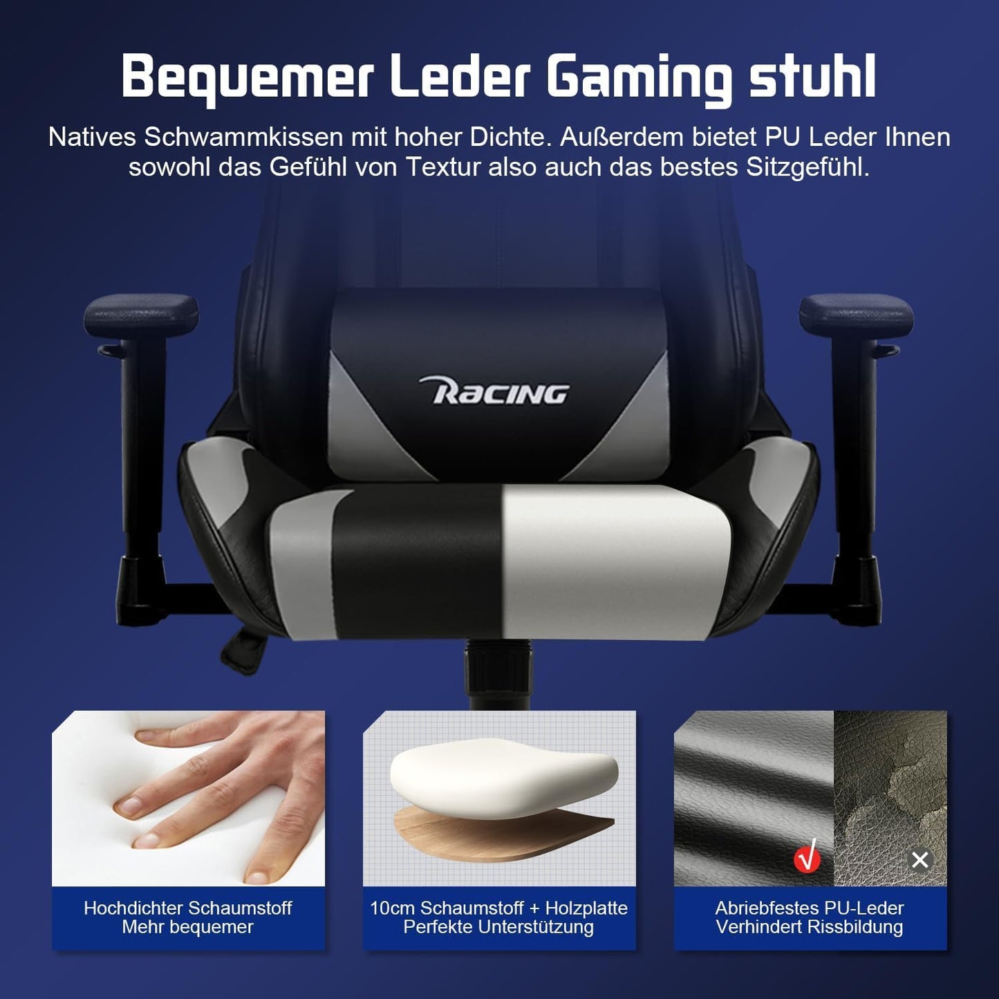 Homimaster Gaming Chair, Ergonomic Office Chair with Adjustable Lumbar Cushion, Head Cushion and Armrests, Padded Gaming Chair, Gamer Chair with Rocking Function, Gaming Chair 150 kg Load Capacity