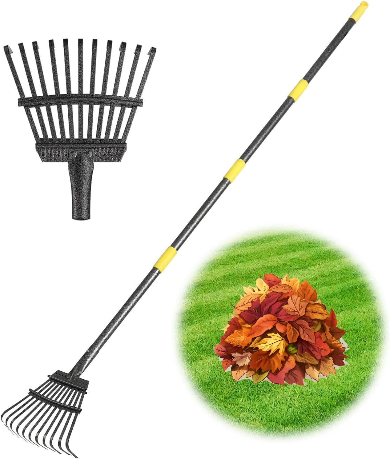 Rechen Garten, Laubrechen mit Stiel Metall mit 11 Zinken, 177 cm Einstellbar Gartenrechen mit Metall Stiel für Laub, Hof, Sträucher, Blumenbeete