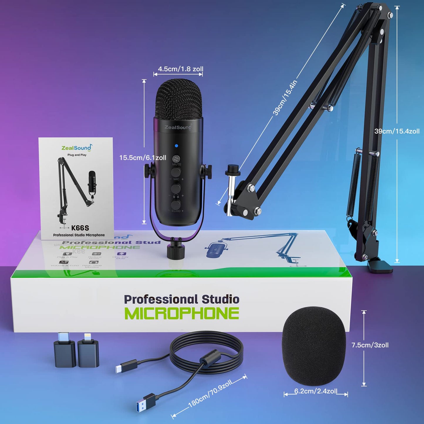zealsound USB Mikrofon, Kondensator Mikrofon für PC Handy, PS4, PS5, Microphone PC USB C für Gaming, Podcast,Aufnahmen,Streaming,ASMR mit Stumm/Gain/Echo, Adapter für Phone,Kompatibel mit Mac, Winows