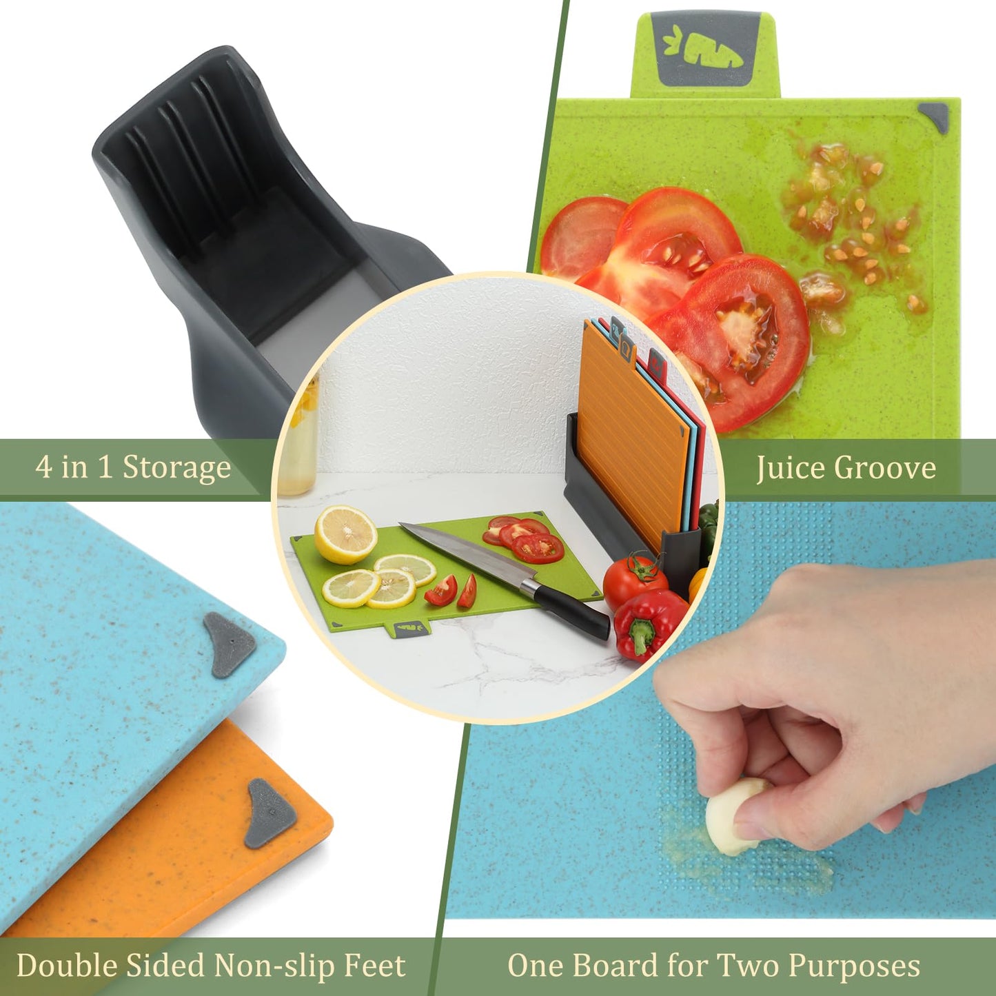 BEWOS 4 Farbcodierte Schneidebrett, Schneidebrett Kunststoff Set, Umkehrbares Schneidbrett Mit Ständer, Schneidebretter für Küchen mit Rutschfesten Füßen, Saftrillen & Spülmaschinenfest Chopping