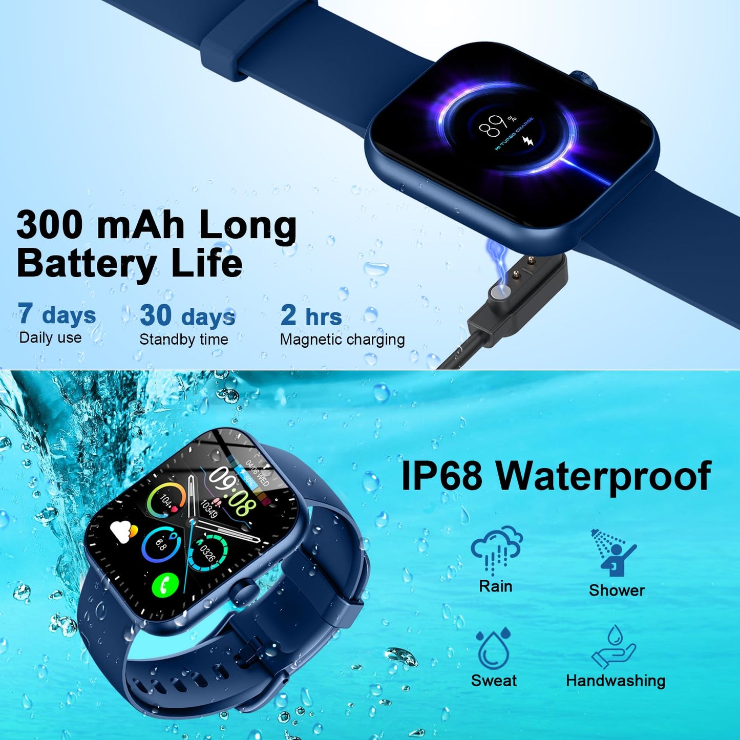 Smartwatch Herren Damen, 2025 HD 1,96" Fitnessuhr Smart Watch mit Telefonfunktion, 115+ Sportmodi Schrittzähler Armbanduhr, Herzfrequenz SpO2 Schlafmonitor, IP68 Wasserdicht Sportuhr für Android iOS