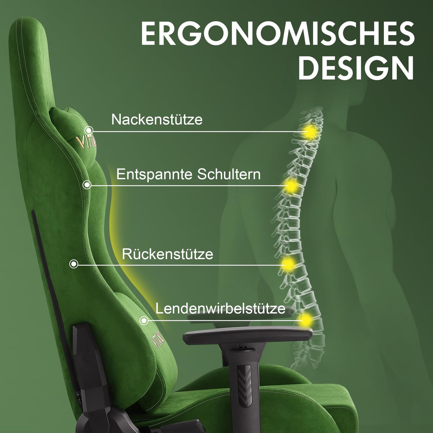 Vittanly Gaming Chair, Luxurious Breathable Imitation Suede Office Chair Gaming Chair, Ergonomic Gamer Chair with Footrest Headrest and Lumbar Cushion, 3D Armrests, 90-155° Backrest, Gray