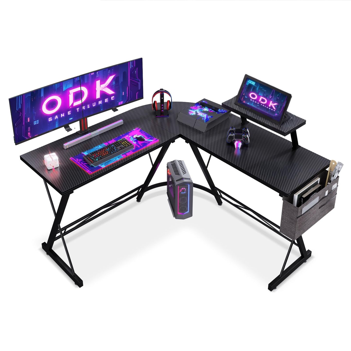 ODK Gaming Tisch, Gaming Schreibtisch Eckschreibtisch für Gamer, Schreibtisch L Form mit Monitorständer für Büro (Schwarz, 127 x 127 cm)