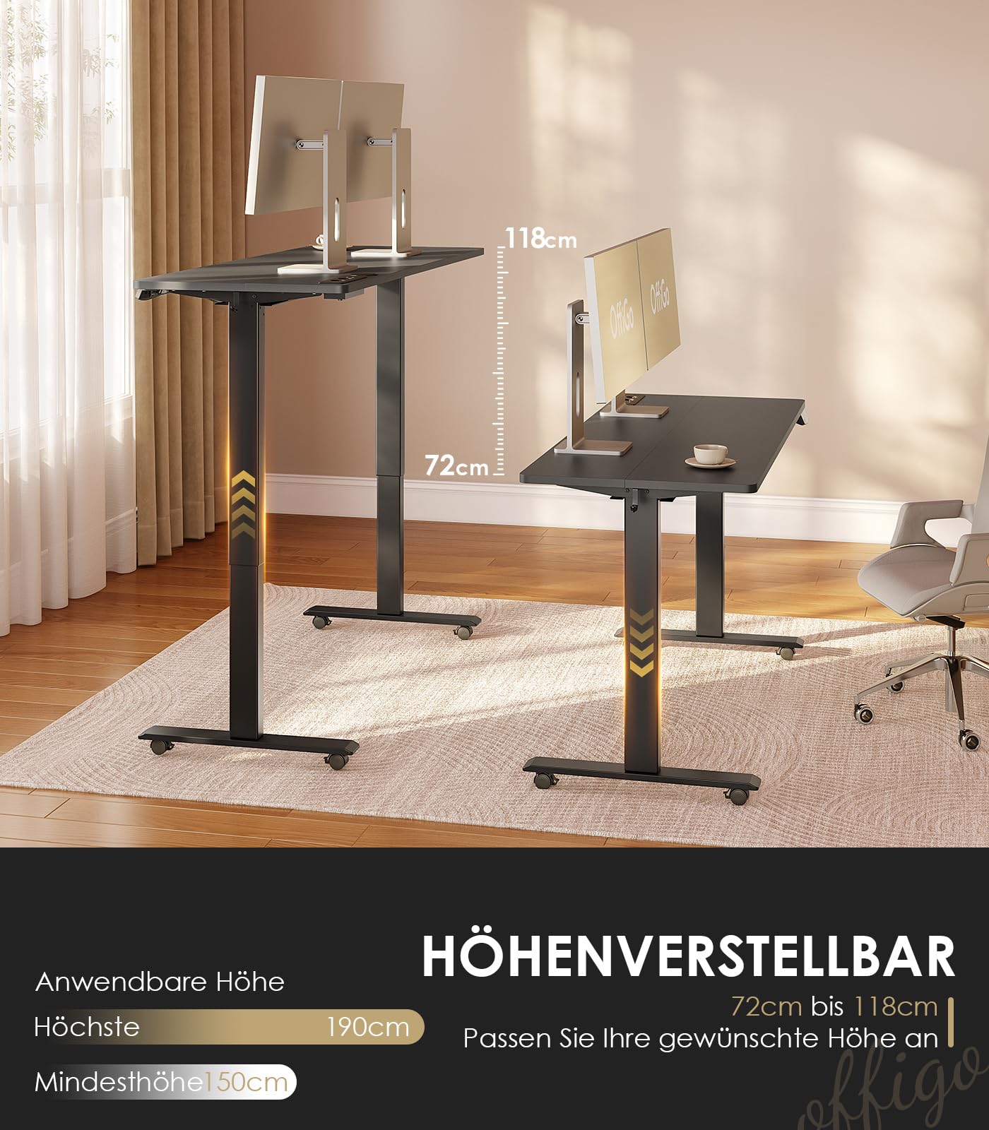 OffiGo Höhenverstellbarer Schreibtisch, 180cm, Elektrischer Schreibtisch mit USB, Schreibtisch Höhenverstellbar mit 2 Memory Funktion, Tisch Höhenverstellbar für Büro, Zuhause, Gaming, Schwarz