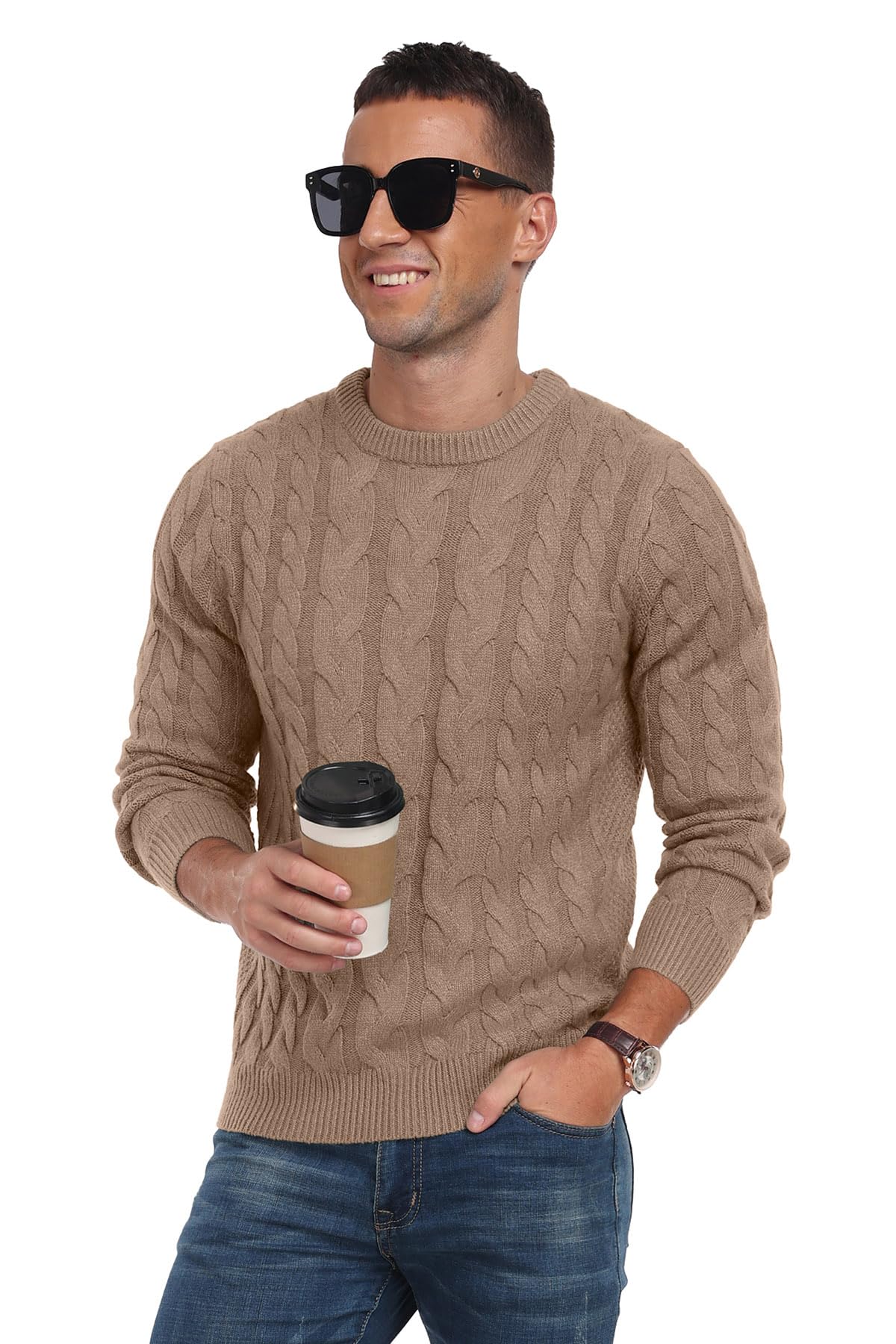 QIXING Men’s Cable Knit Sweater – Chunky Crewneck Pullover