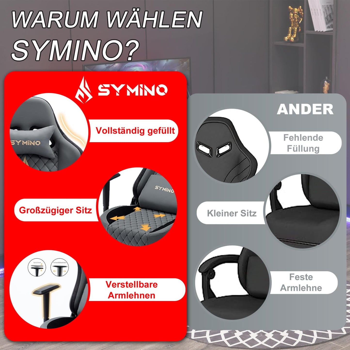 symino Gaming Stuhl, Ergonomischer Bürostuhl, Rennstuhl-Design PC Stuhl, Vintage-PU-Leder, Verstellbarer Drehbarer Task Stühle mit Fußstütze (Schwarz)