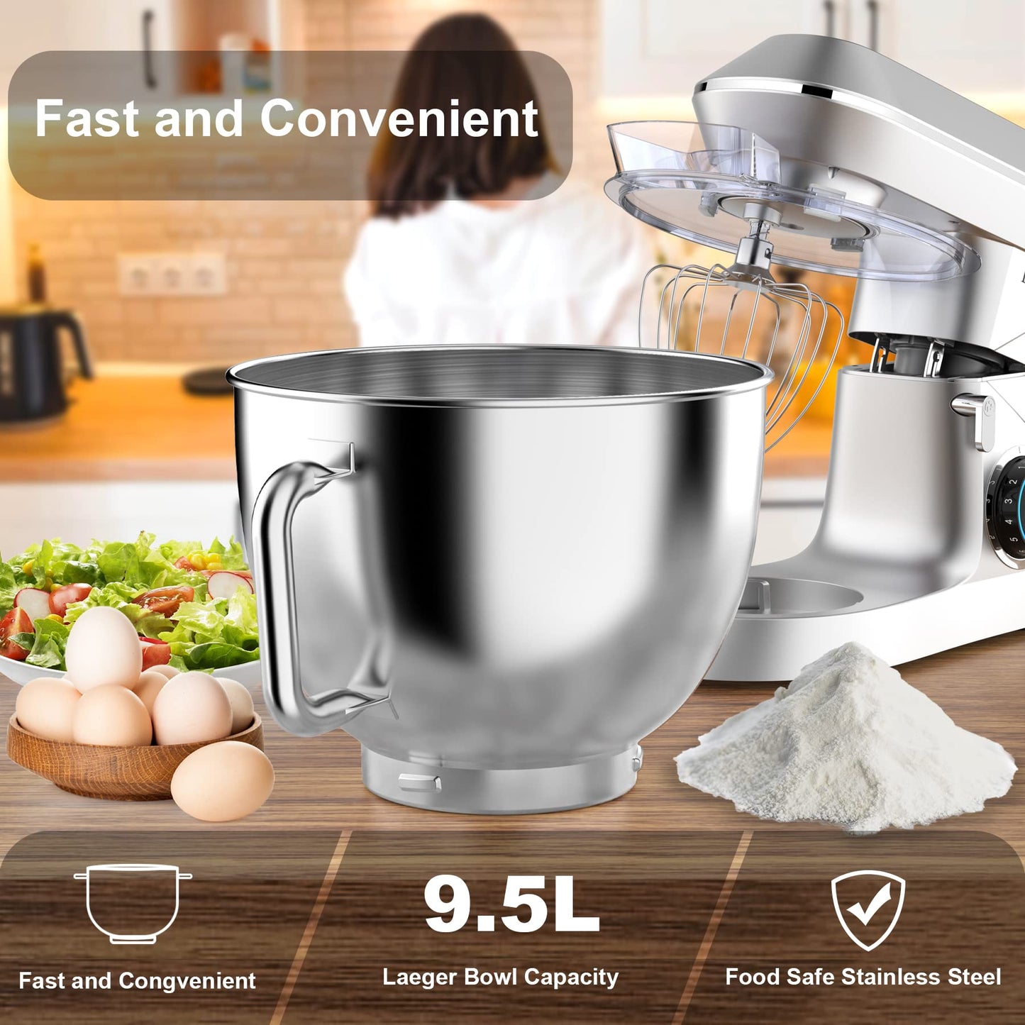 9.5L Küchenmaschine Knetmaschine 1500W, DOBBOR Rührmaschine mit Rührbesen, Knethaken, Schlagbesen, Spritzschutz, 7 Geschwindigkeit Planetarisches Rührsystem, leise und multifunktional. (rot)