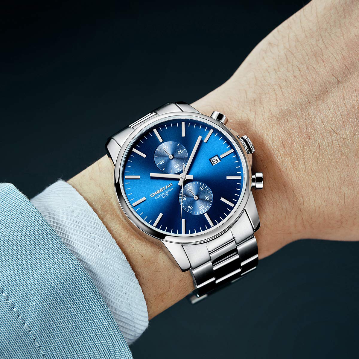 Herrenuhren mit lässiger wasserdichter Chronographen Quarzuhr aus Edelstahl und Metall, Auto Date in farbenfrohen Zeigern