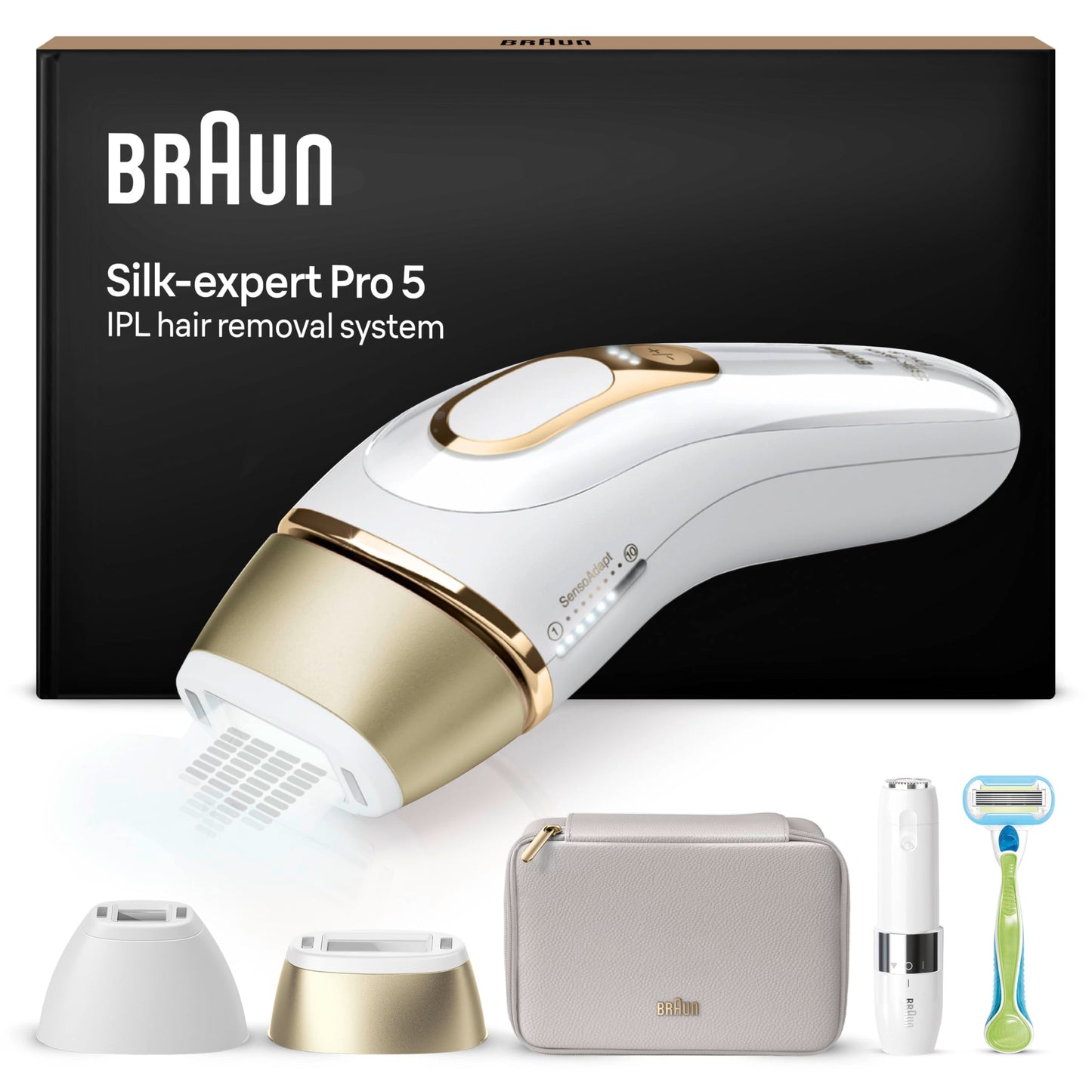 Braun IPL Silk Expert Pro 5 Haarentfernungsgerät Damen/Herren, 2 Aufsätze, sichtbare Haarentfernung, Designed In Germany, Venus Rasierer, Alternative zu Laser Haarentfernung, PL5157, weiß/gold