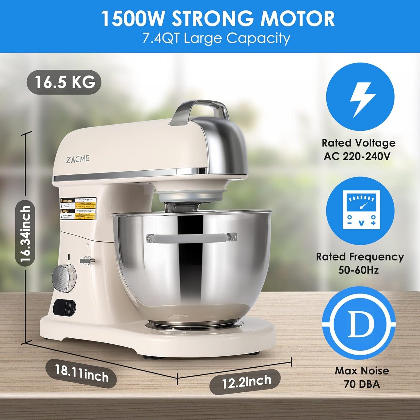 ZACME Profi Küchenmaschine Knetmaschine Aluminiumgussgehäuse(1500W),7L Edelstahlschüssel Teigmaschine mit LED-Touchscreen,Geräuscharme Rührmaschine,3 Rühraufsätze und Spritzschutz,11 Geschwindigkeit