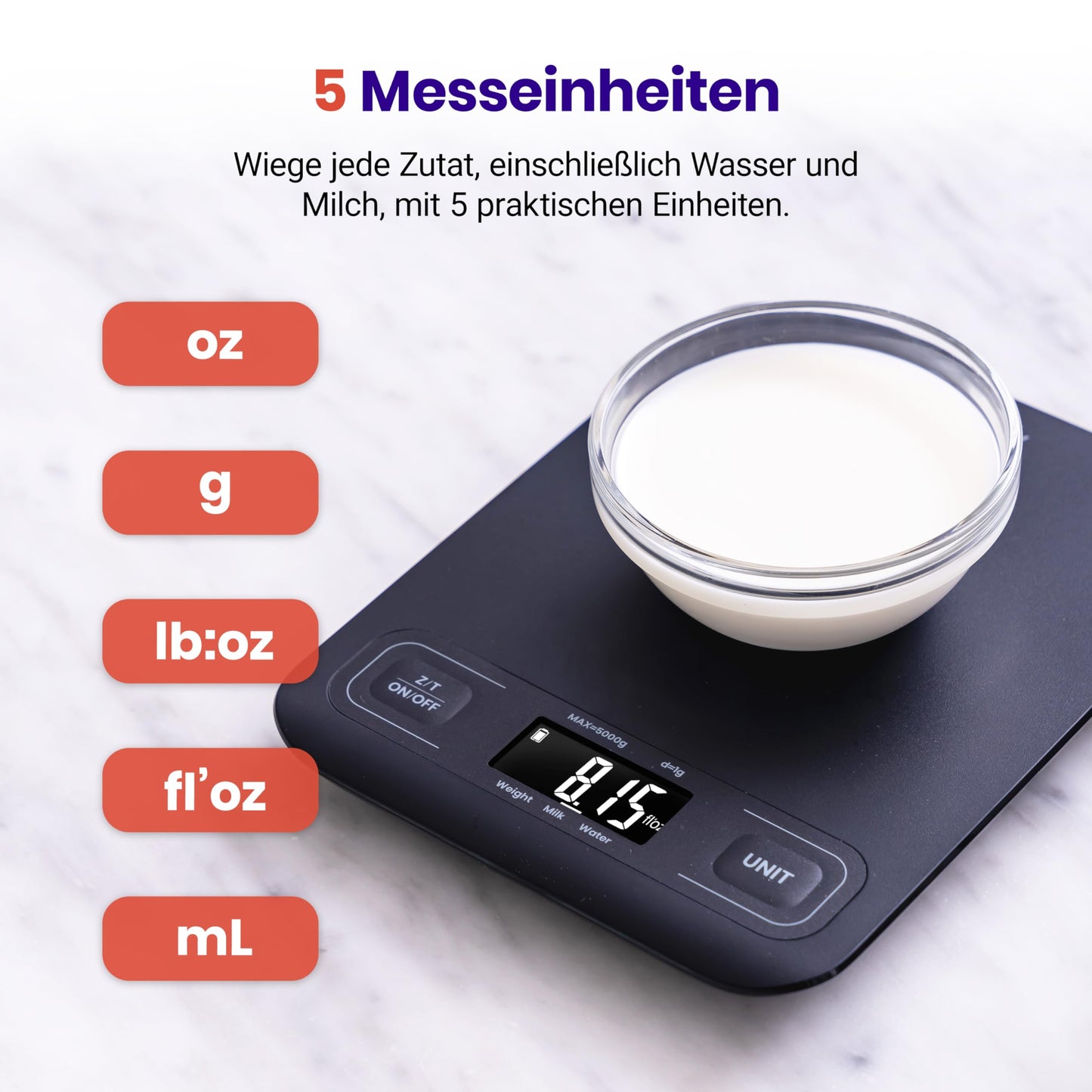 ETEKCITY Küchenwaage, digital 5KG mit großem LCD-Display,Digitalwaage, Briefwaage mit Großer Edelstahl Wiegefläche, Flüssigkeitsmessung, hohe Präzision auf bis zu 1g, Tara-Funktion, Silber