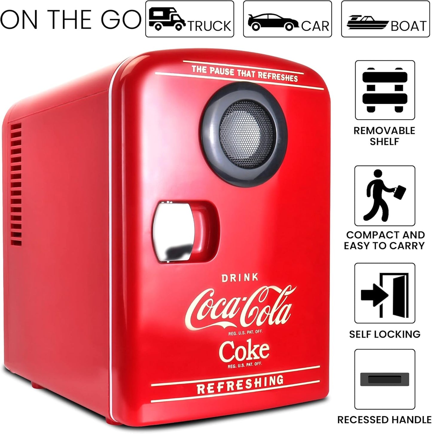 Coke Mini Kühlschrank für Schlafzimmer 4L Kleiner Kühlschrank 6 Dosen Tischkühlschrank Kühler Wärmer mit eingebautem Bluetooth Wireless Lautsprecher für Home Desk Office Food Drinks von Coca-Cola, Rot